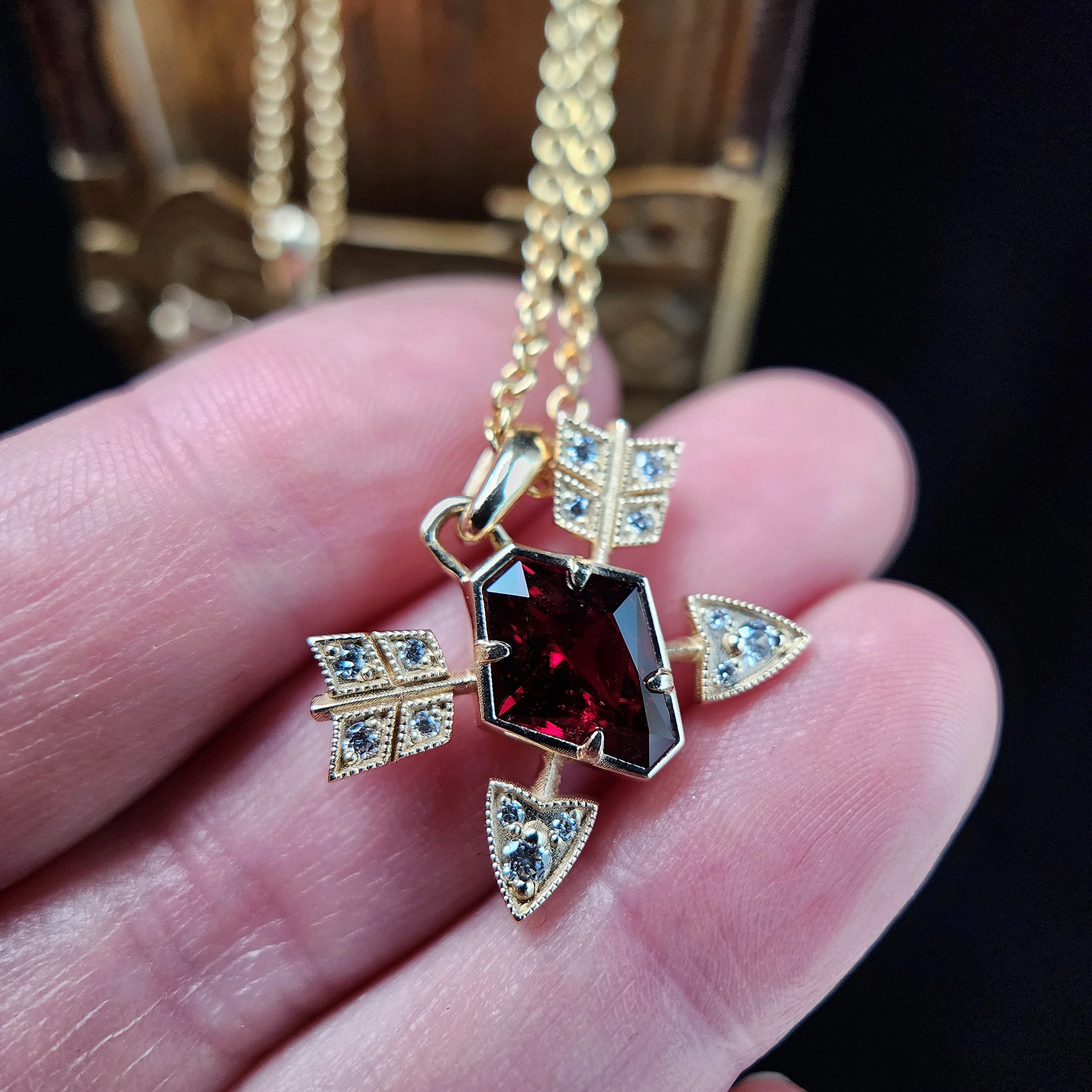 Ready to Ship - Garnet and Diamond Arrow Cupid Pendants - 14k Yellow Gold - Image 4