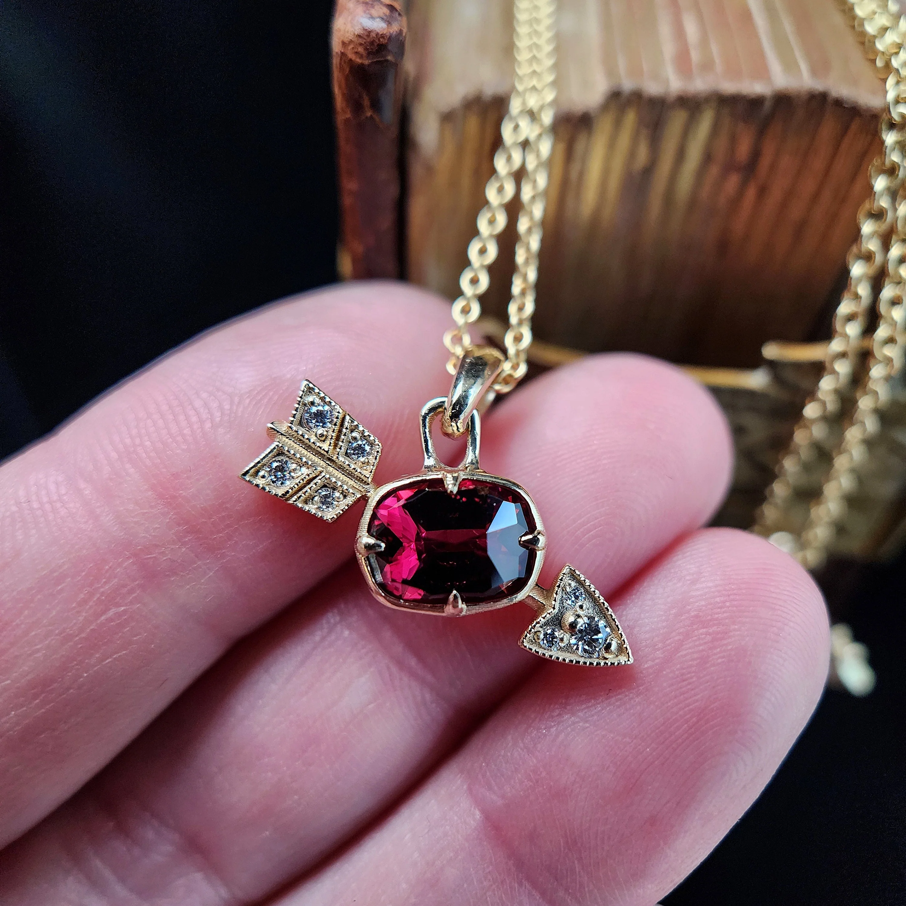 Ready to Ship - Garnet and Diamond Arrow Cupid Pendants - 14k Yellow Gold - Image 5