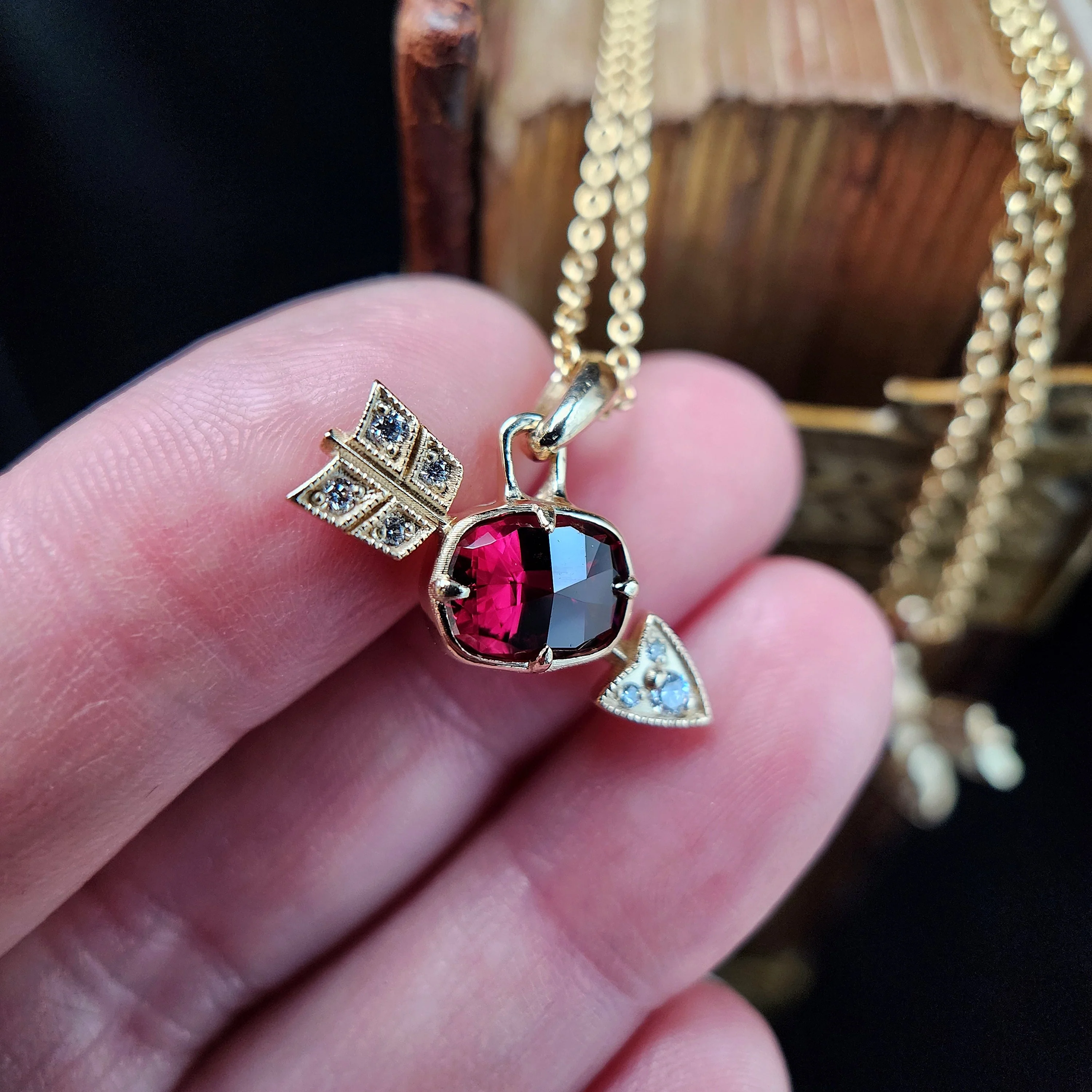 Ready to Ship - Garnet and Diamond Arrow Cupid Pendants - 14k Yellow Gold - Image 6