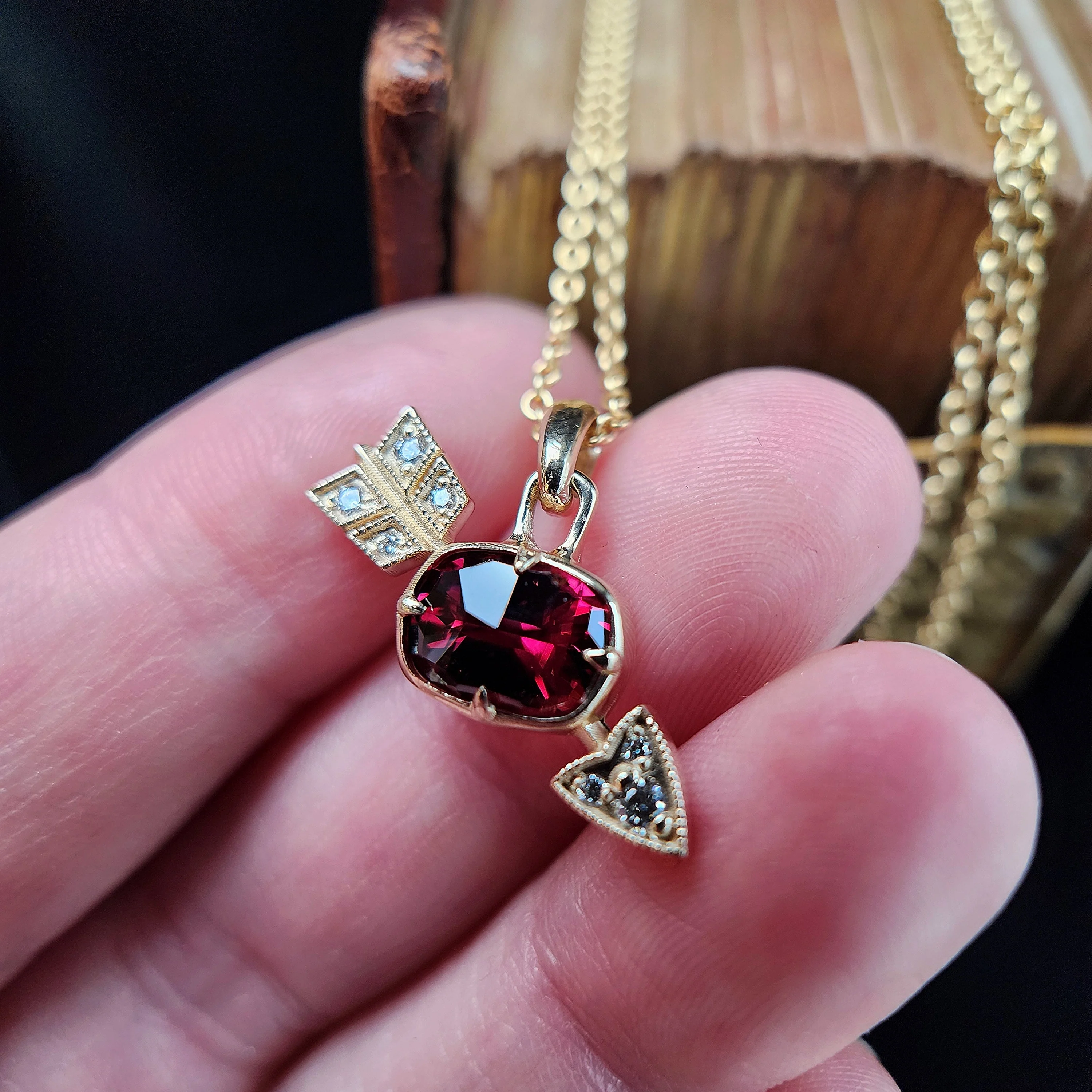 Ready to Ship - Garnet and Diamond Arrow Cupid Pendants - 14k Yellow Gold - Image 7