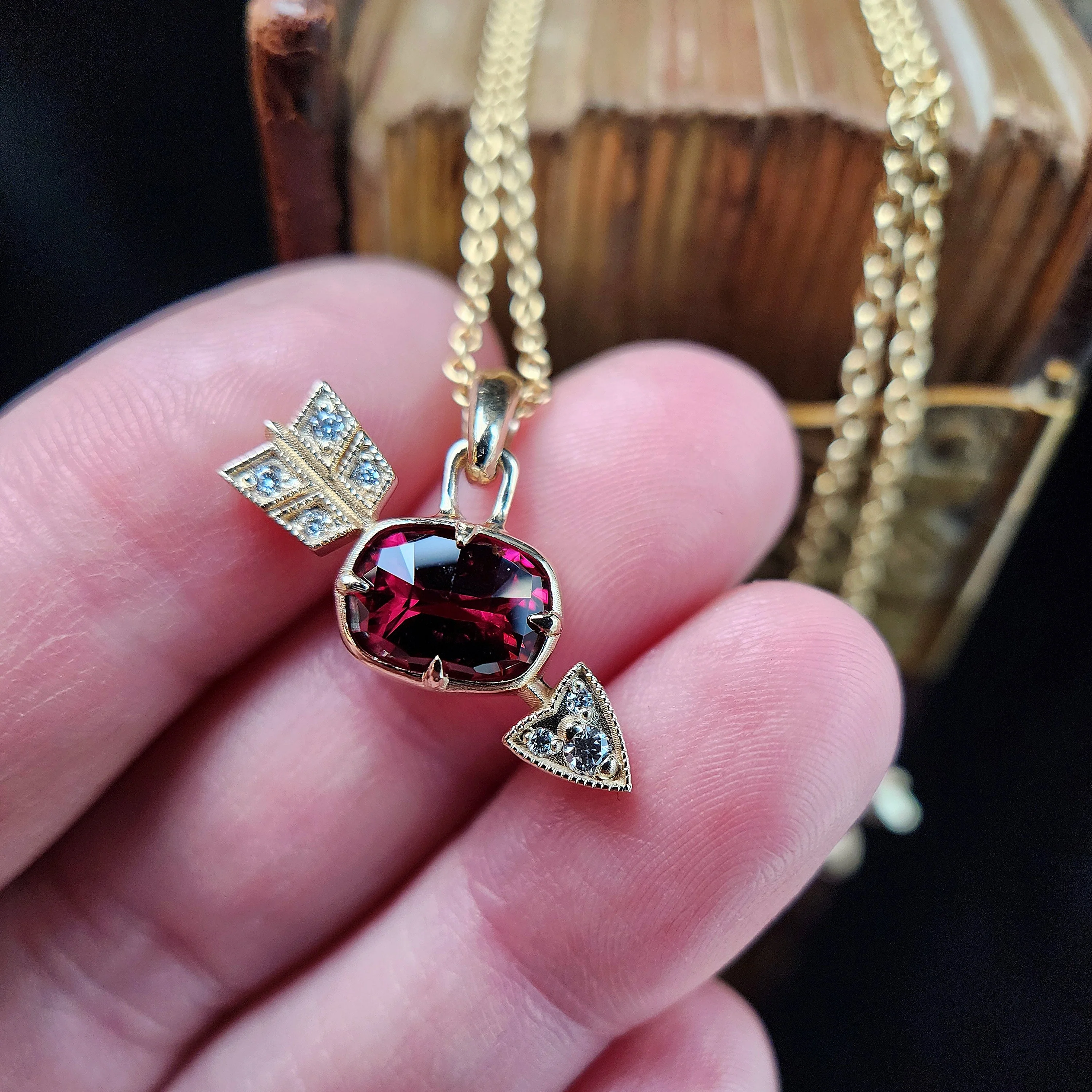 Ready to Ship - Garnet and Diamond Arrow Cupid Pendants - 14k Yellow Gold - Image 8