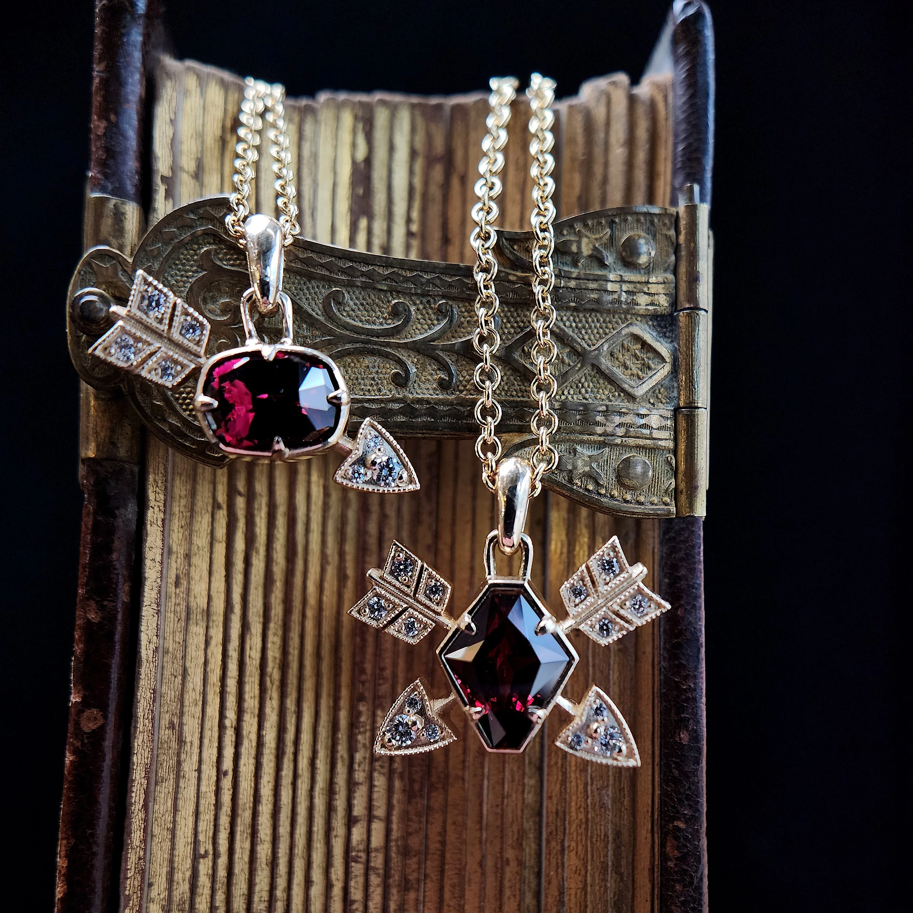 Ready to Ship - Garnet and Diamond Arrow Cupid Pendants - 14k Yellow Gold - Image 9