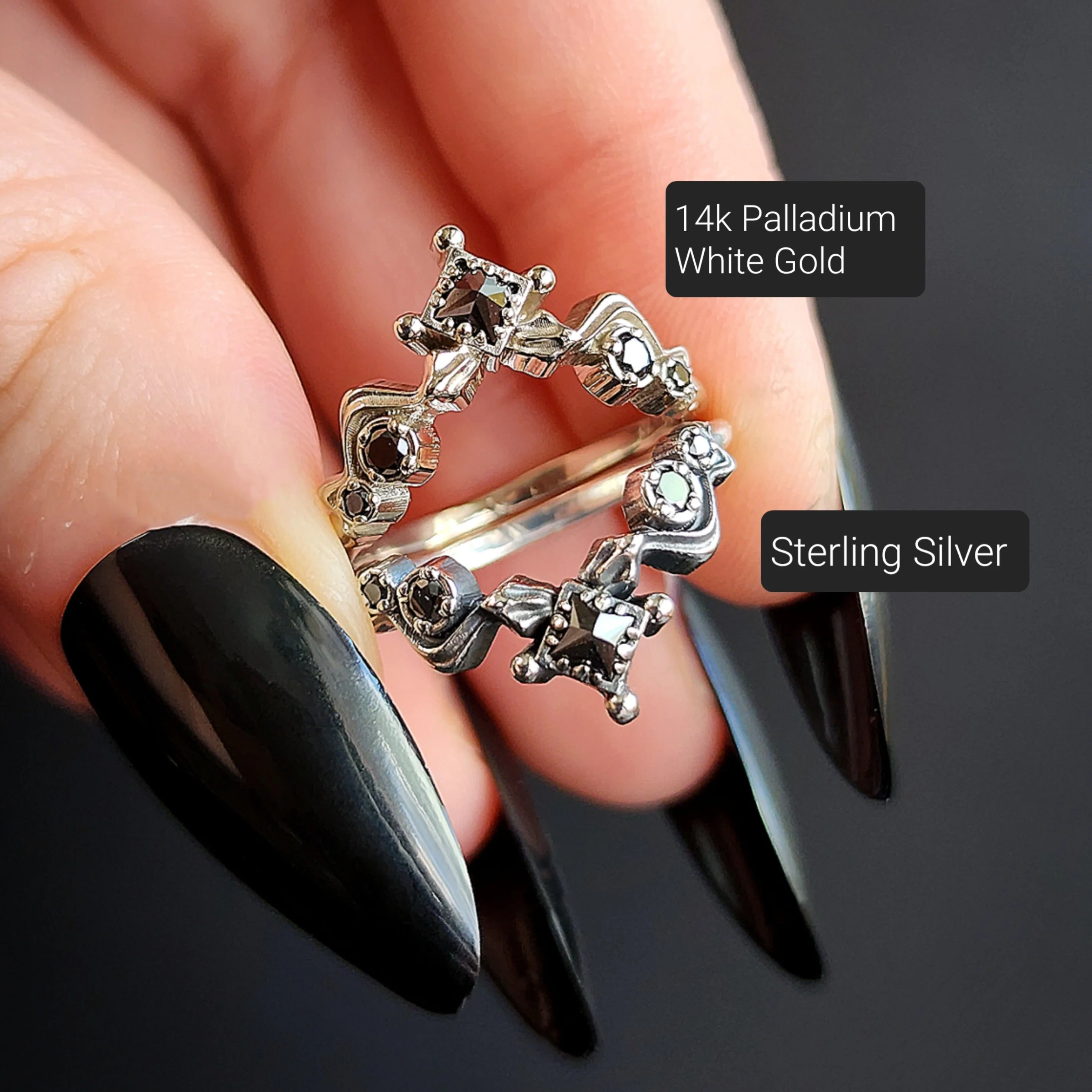 Gothic Black Diamond Snake Wedding Band 14k Gold Princess Cut Curved Stacking Side Ring - Witch Drawlloween 2023 - Image 3