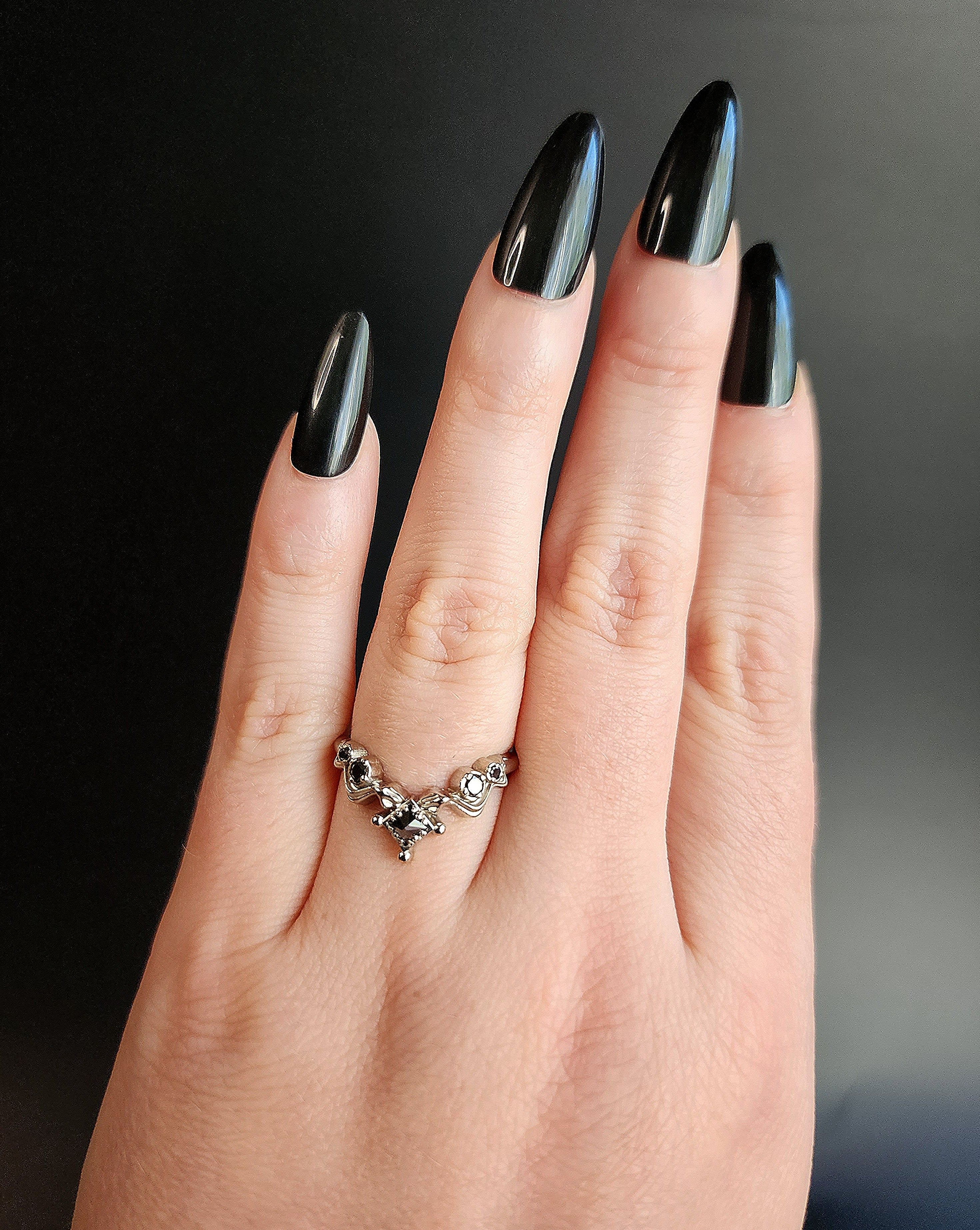 Gothic Black Diamond Snake Wedding Band 14k Gold Princess Cut Curved Stacking Side Ring - Witch Drawlloween 2023 - Image 5