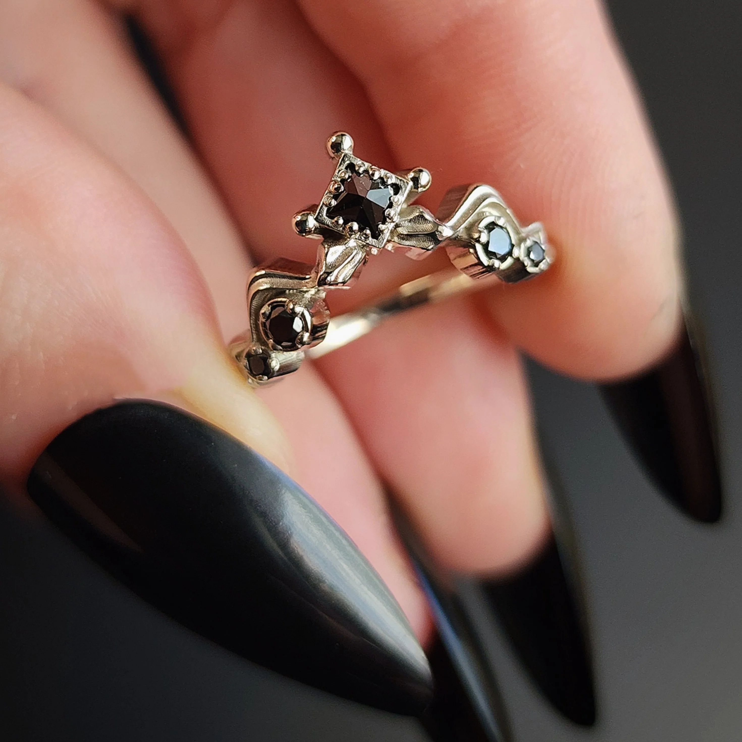 Gothic Black Diamond Snake Wedding Band 14k Gold Princess Cut Curved Stacking Side Ring - Witch Drawlloween 2023 - Image 6