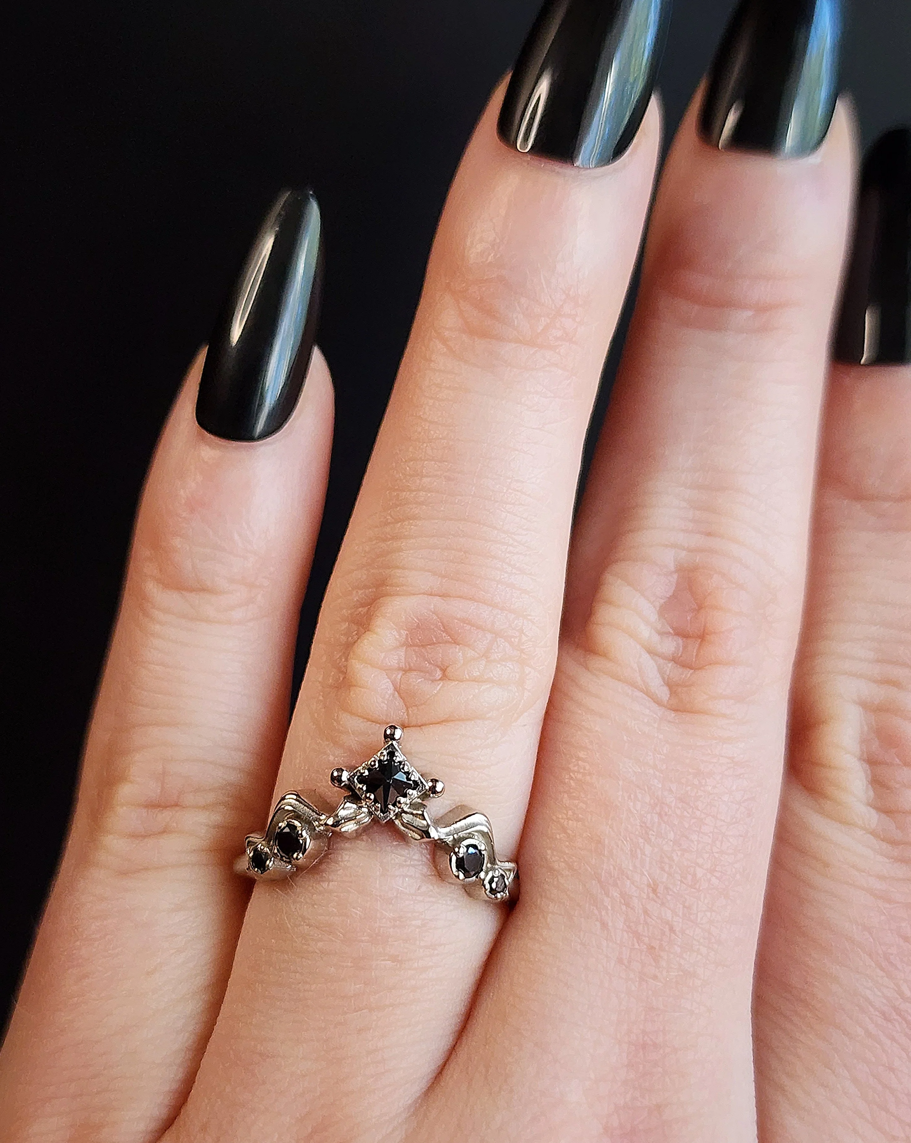 Gothic Black Diamond Snake Wedding Band 14k Gold Princess Cut Curved Stacking Side Ring - Witch Drawlloween 2023 - Image 8