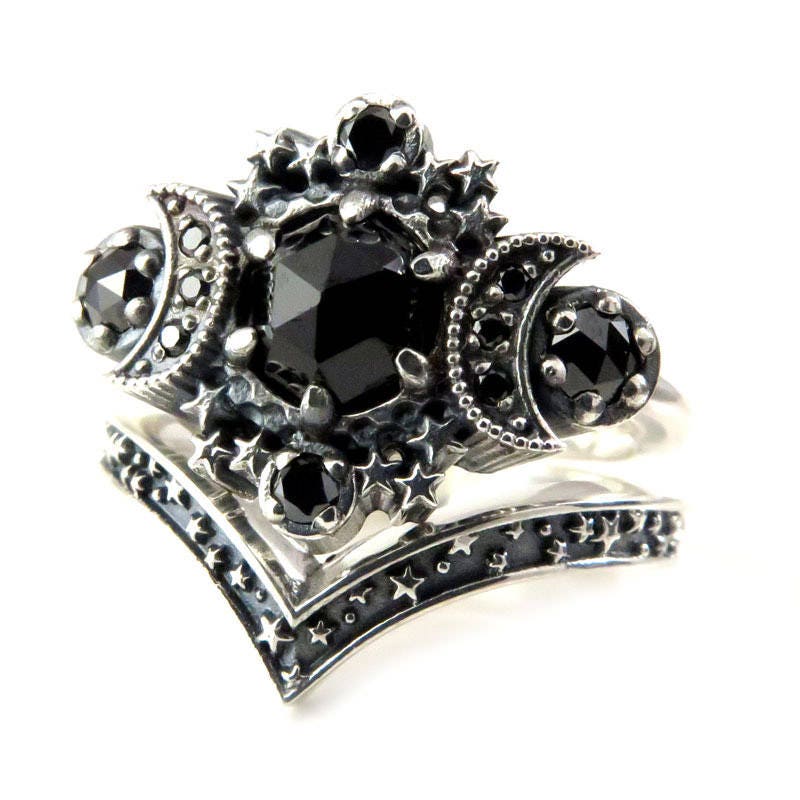 Gothic Cosmos Moon Engagement Ring Set Silver Moon and Stardust Chevron Wedding Band - Image 3
