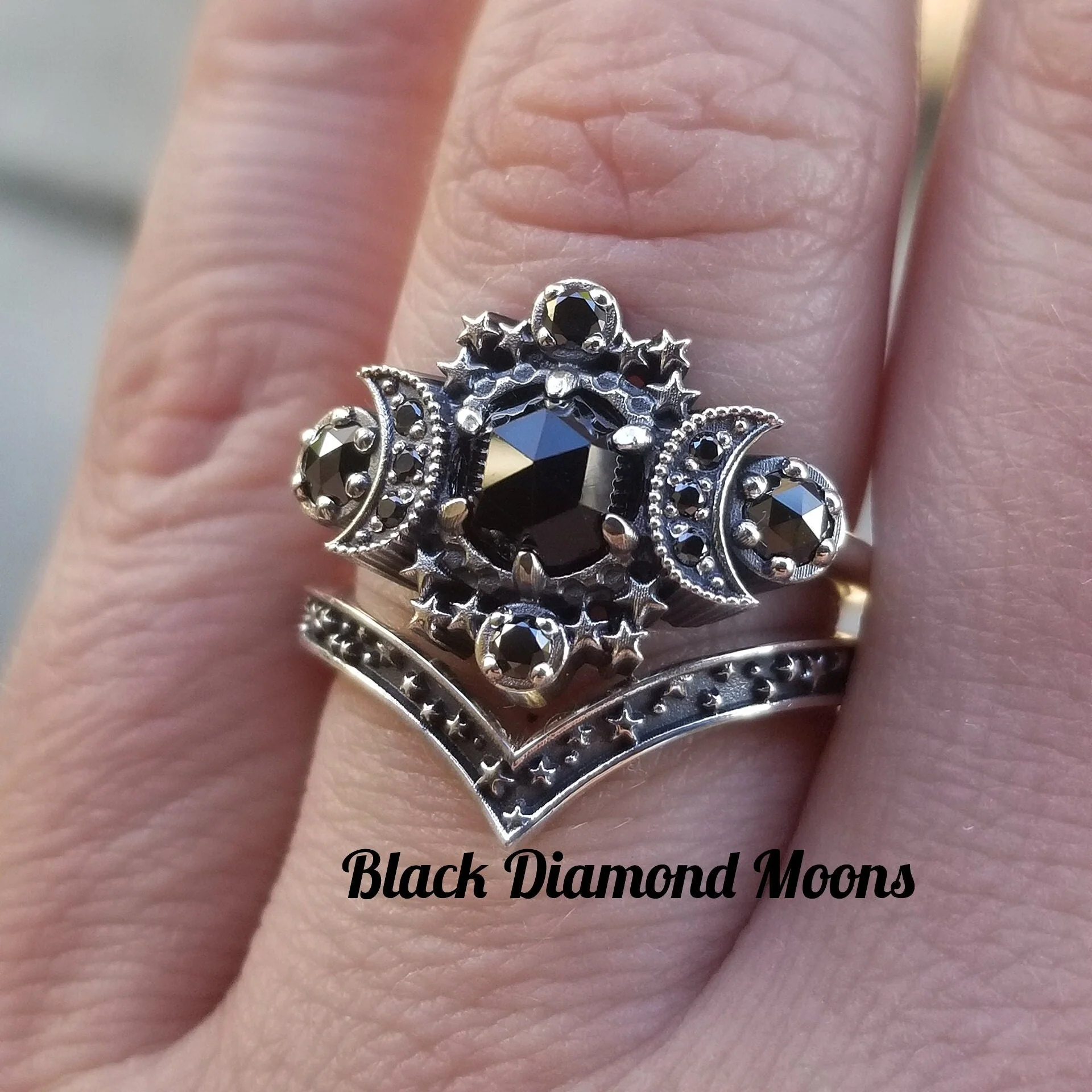Gothic Cosmos Moon Engagement Ring Set Silver Moon and Stardust Chevron Wedding Band - Image 4