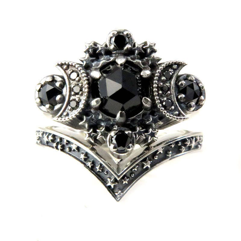 Gothic Cosmos Moon Engagement Ring Set Silver Moon and Stardust Chevron Wedding Band - Image 5