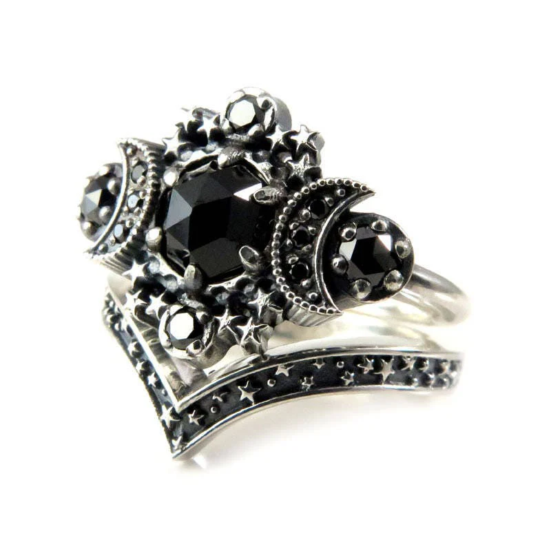 Gothic Cosmos Moon Engagement Ring Set Silver Moon and Stardust Chevron Wedding Band - Image 6