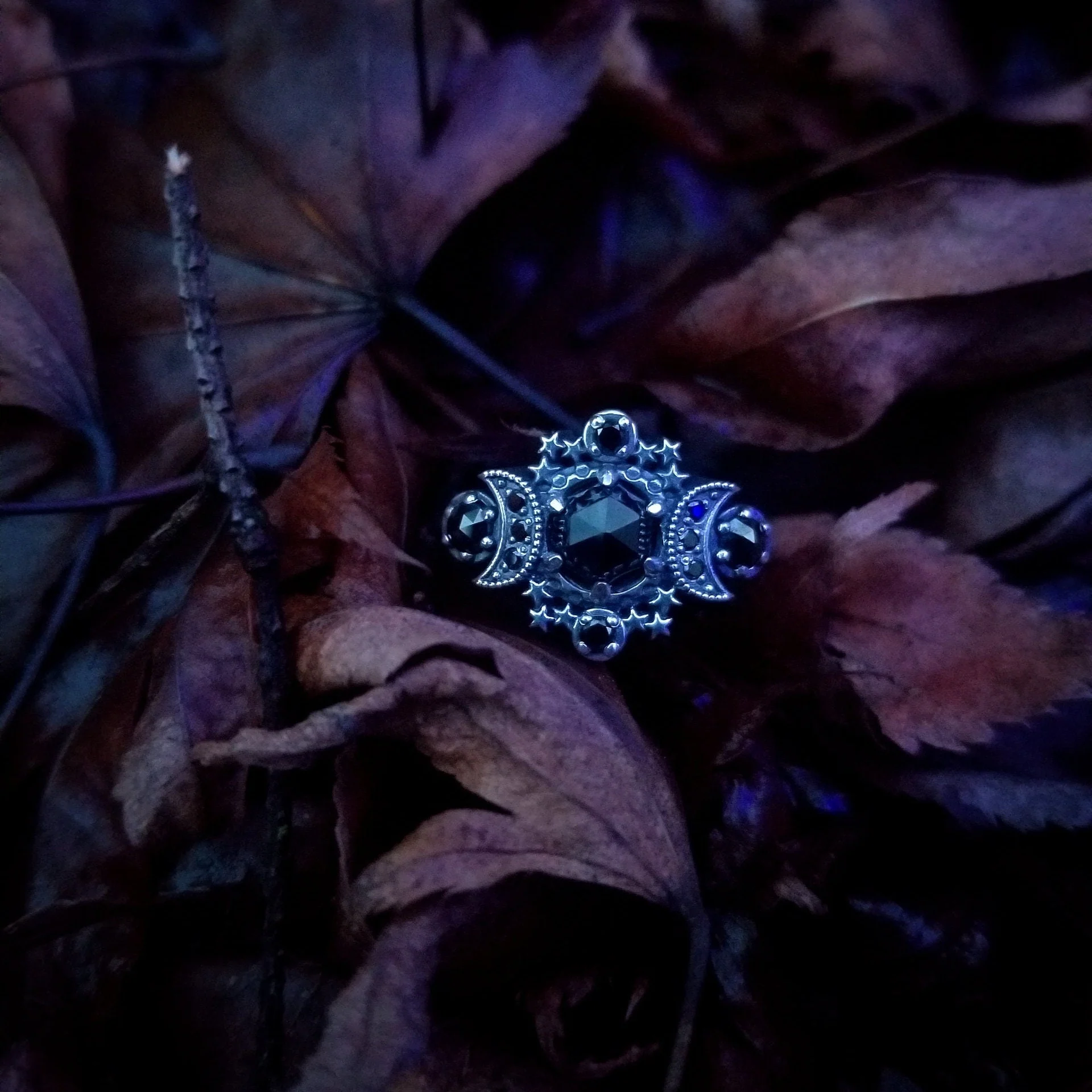 Gothic Cosmos Moon Engagement Ring Set Silver Moon and Stardust Chevron Wedding Band - Image 7