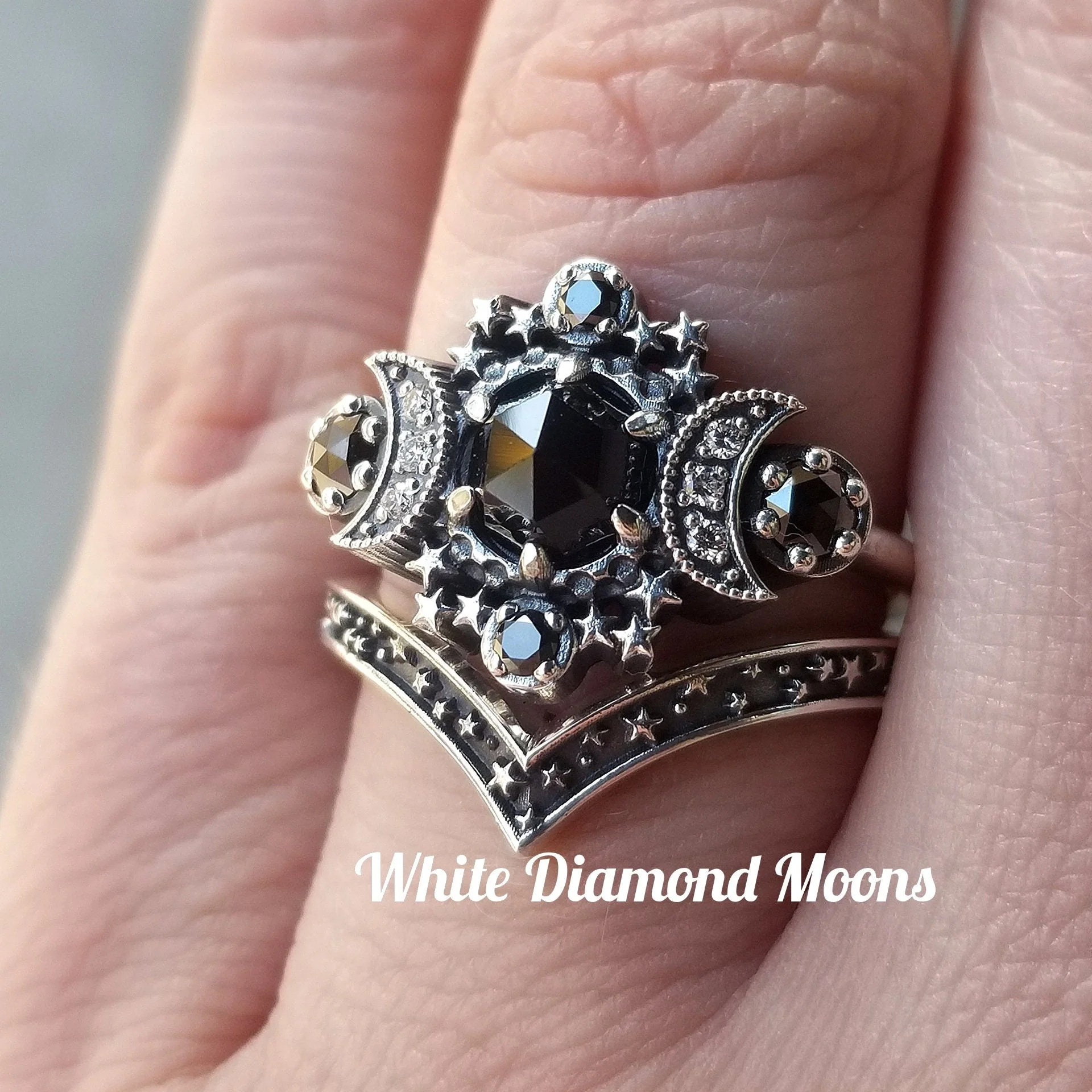Gothic Cosmos Moon Engagement Ring Set Silver Moon and Stardust Chevron Wedding Band - Image 8