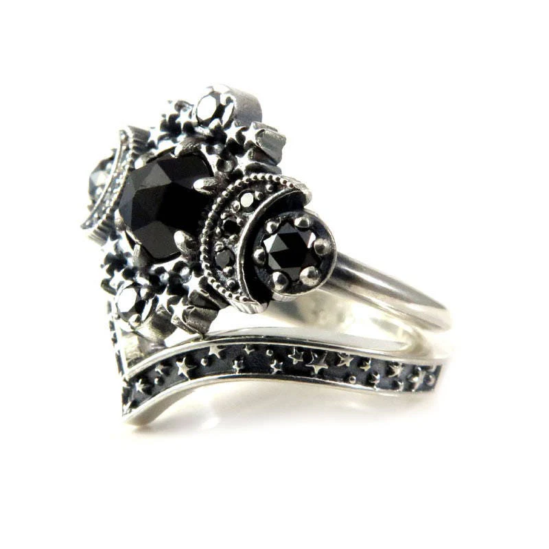 Gothic Cosmos Moon Engagement Ring Set Silver Moon and Stardust Chevron Wedding Band - Image 9