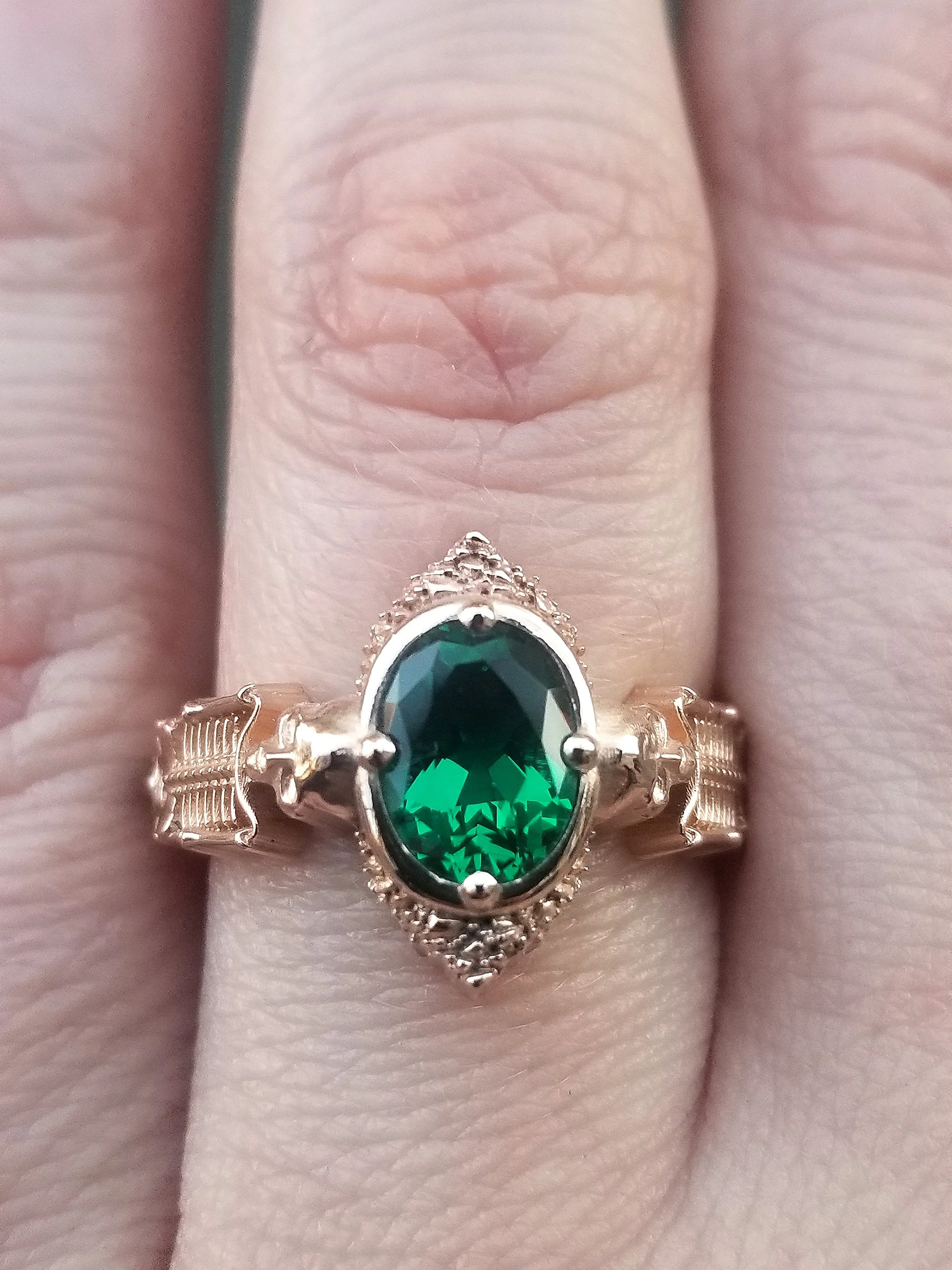 Gothic Emerald Skeleton Engagement Ring- 14k Rose Gold - Catacomb Collection Wedding Ring - Chatham Gems - Image 3