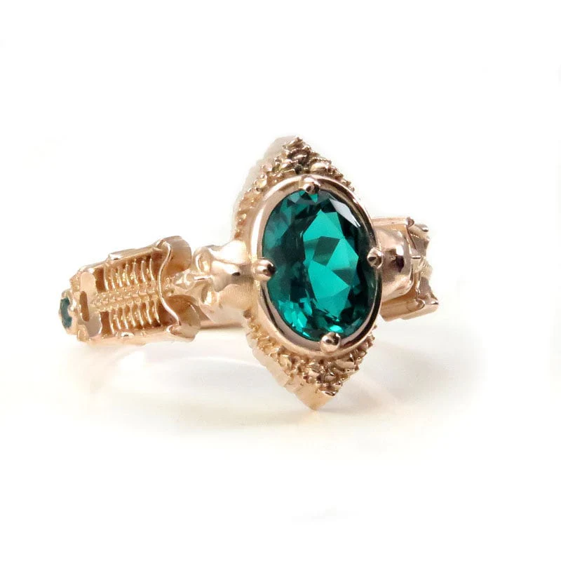 Gothic Emerald Skeleton Engagement Ring- 14k Rose Gold - Catacomb Collection Wedding Ring - Chatham Gems - Image 6