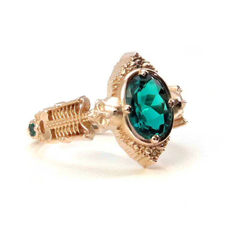 Gothic Emerald Skeleton Engagement Ring- 14k Rose Gold - Catacomb Collection Wedding Ring - Chatham Gems - Image 7