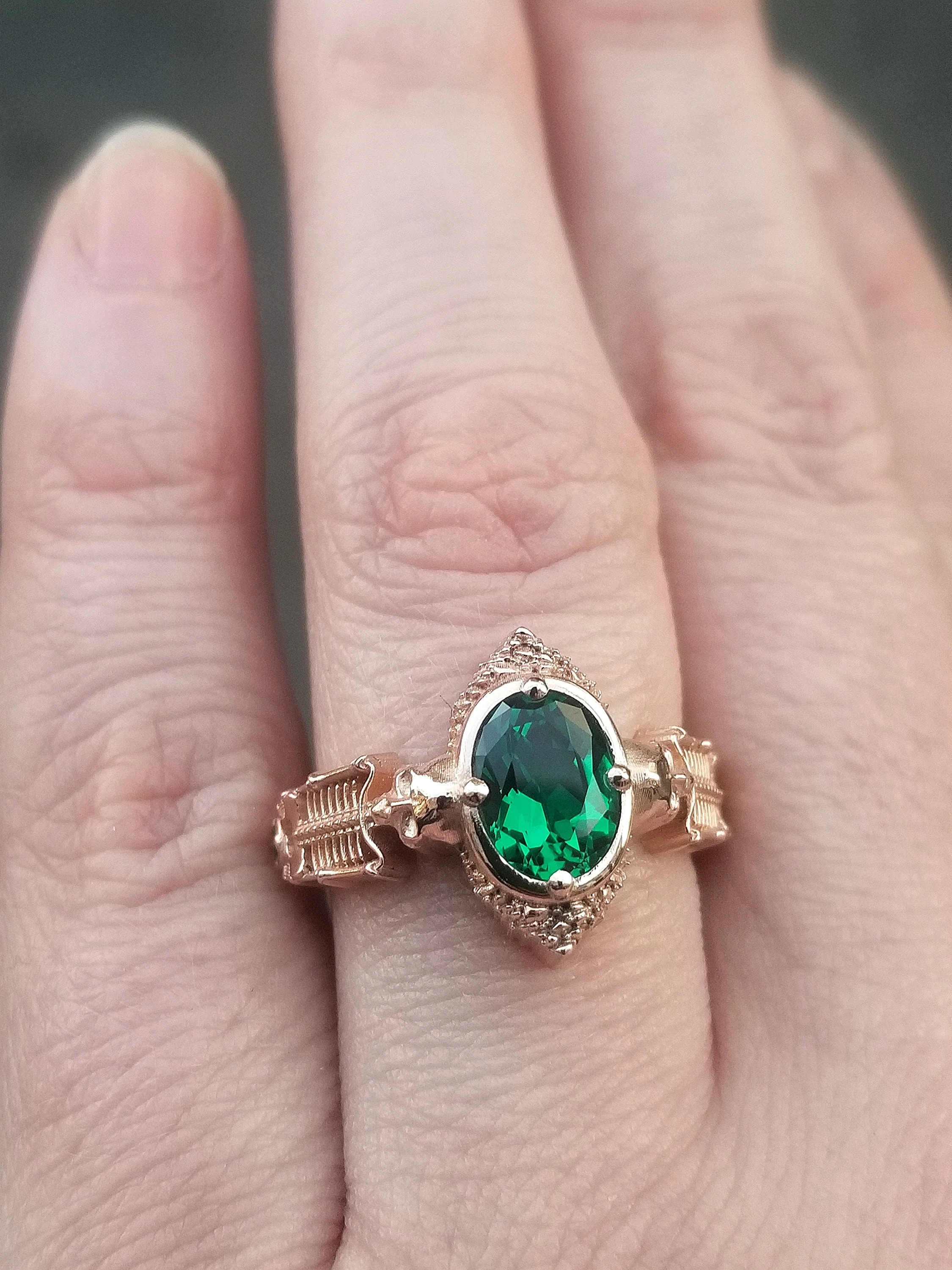Gothic Emerald Skeleton Engagement Ring- 14k Rose Gold - Catacomb Collection Wedding Ring - Chatham Gems - Image 9