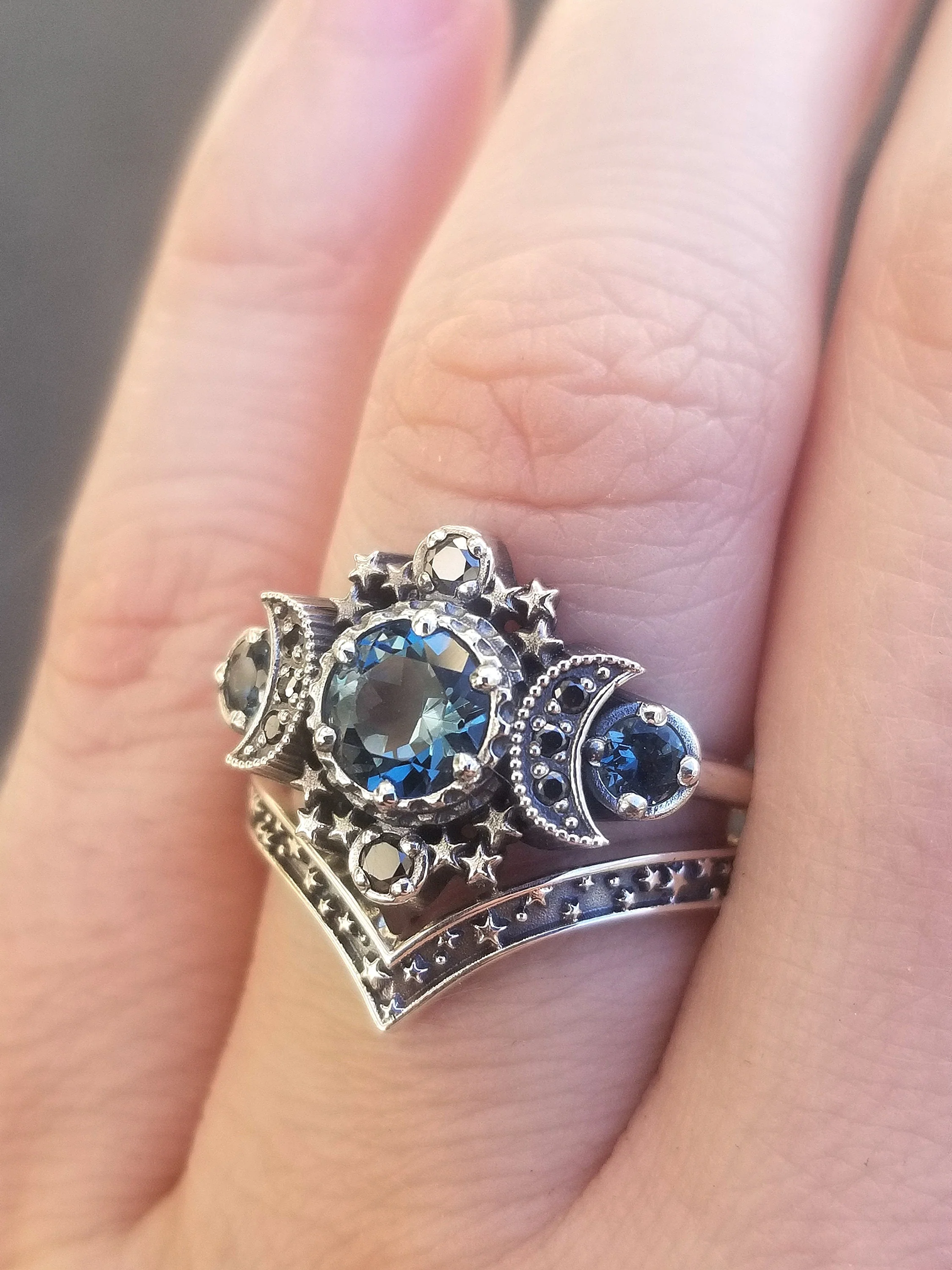 London Blue Topaz Cosmos Moon Engagement Ring Set Triple Moon Goddess Silver Ring with Stardust Chevron Wedding Band - Image 10