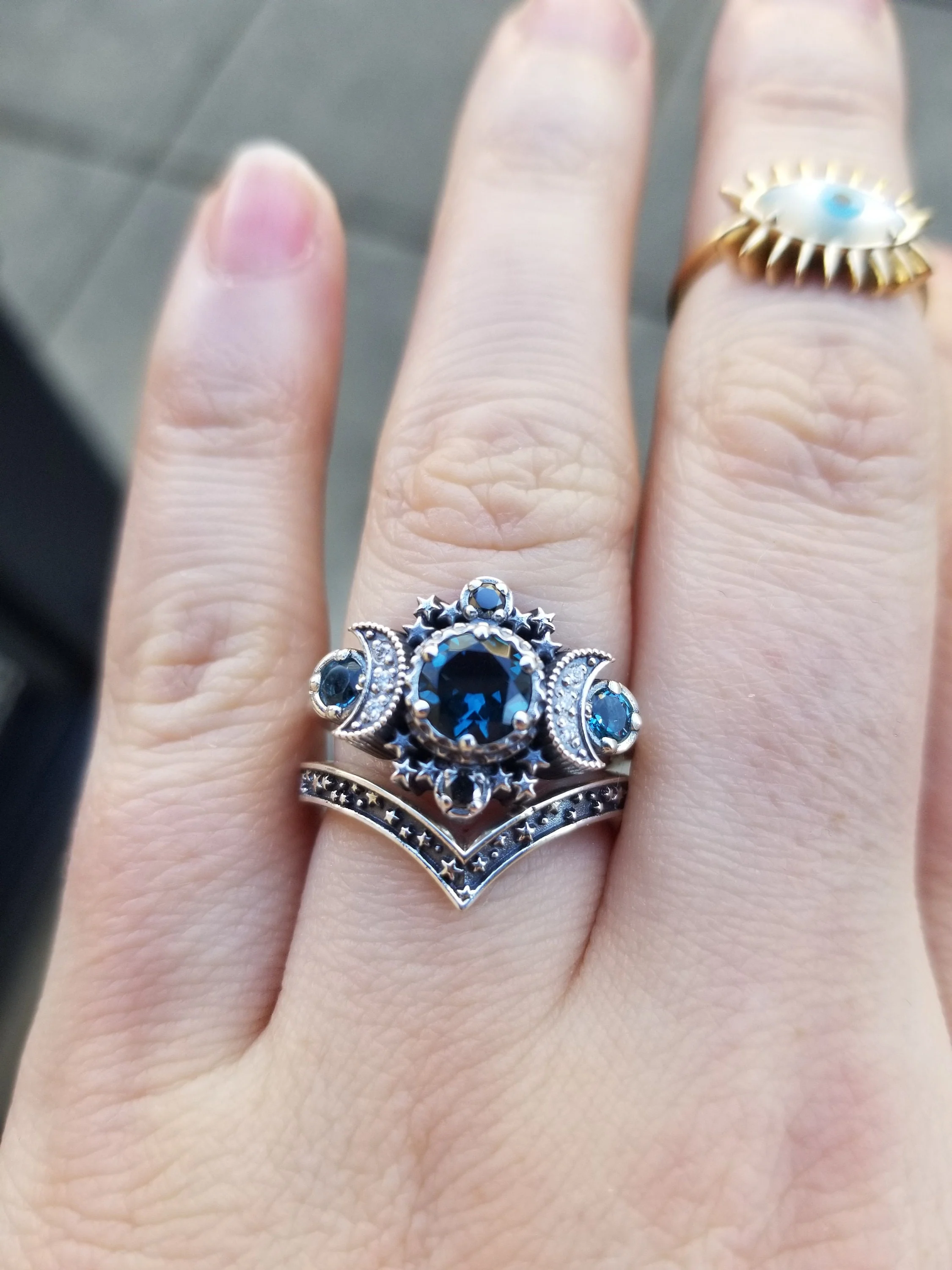 London Blue Topaz Cosmos Moon Engagement Ring Set Triple Moon Goddess Silver Ring with Stardust Chevron Wedding Band - Image 3