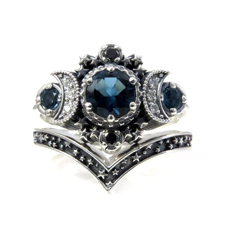 London Blue Topaz Cosmos Moon Engagement Ring Set Triple Moon Goddess Silver Ring with Stardust Chevron Wedding Band - Image 4