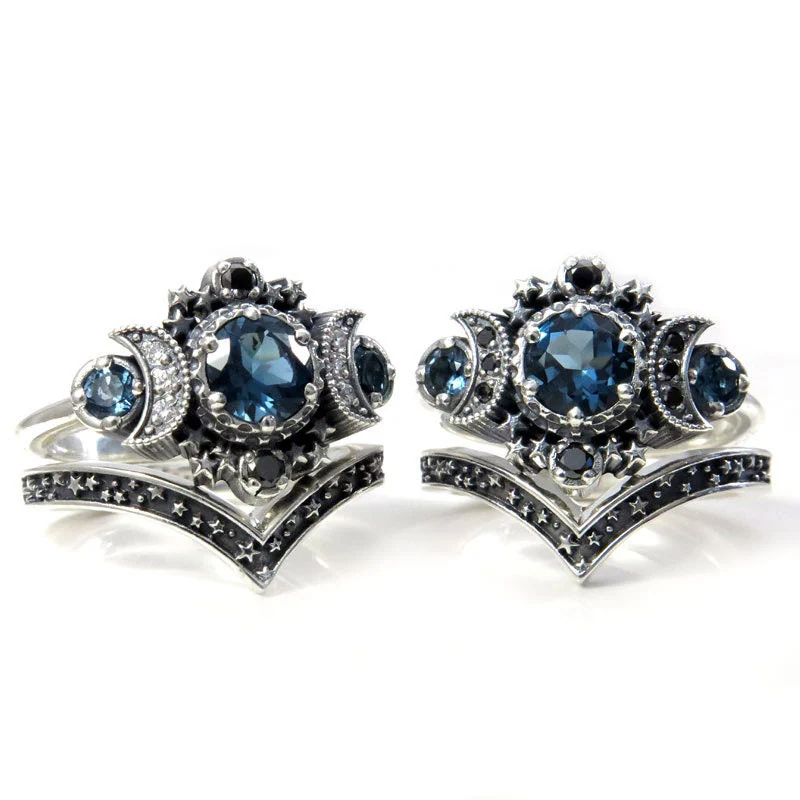 London Blue Topaz Cosmos Moon Engagement Ring Set Triple Moon Goddess Silver Ring with Stardust Chevron Wedding Band - Image 5