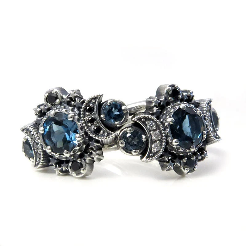London Blue Topaz Cosmos Moon Engagement Ring Set Triple Moon Goddess Silver Ring with Stardust Chevron Wedding Band - Image 6