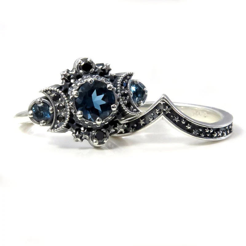 London Blue Topaz Cosmos Moon Engagement Ring Set Triple Moon Goddess Silver Ring with Stardust Chevron Wedding Band - Image 7