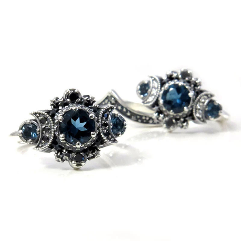 London Blue Topaz Cosmos Moon Engagement Ring Set Triple Moon Goddess Silver Ring with Stardust Chevron Wedding Band - Image 8