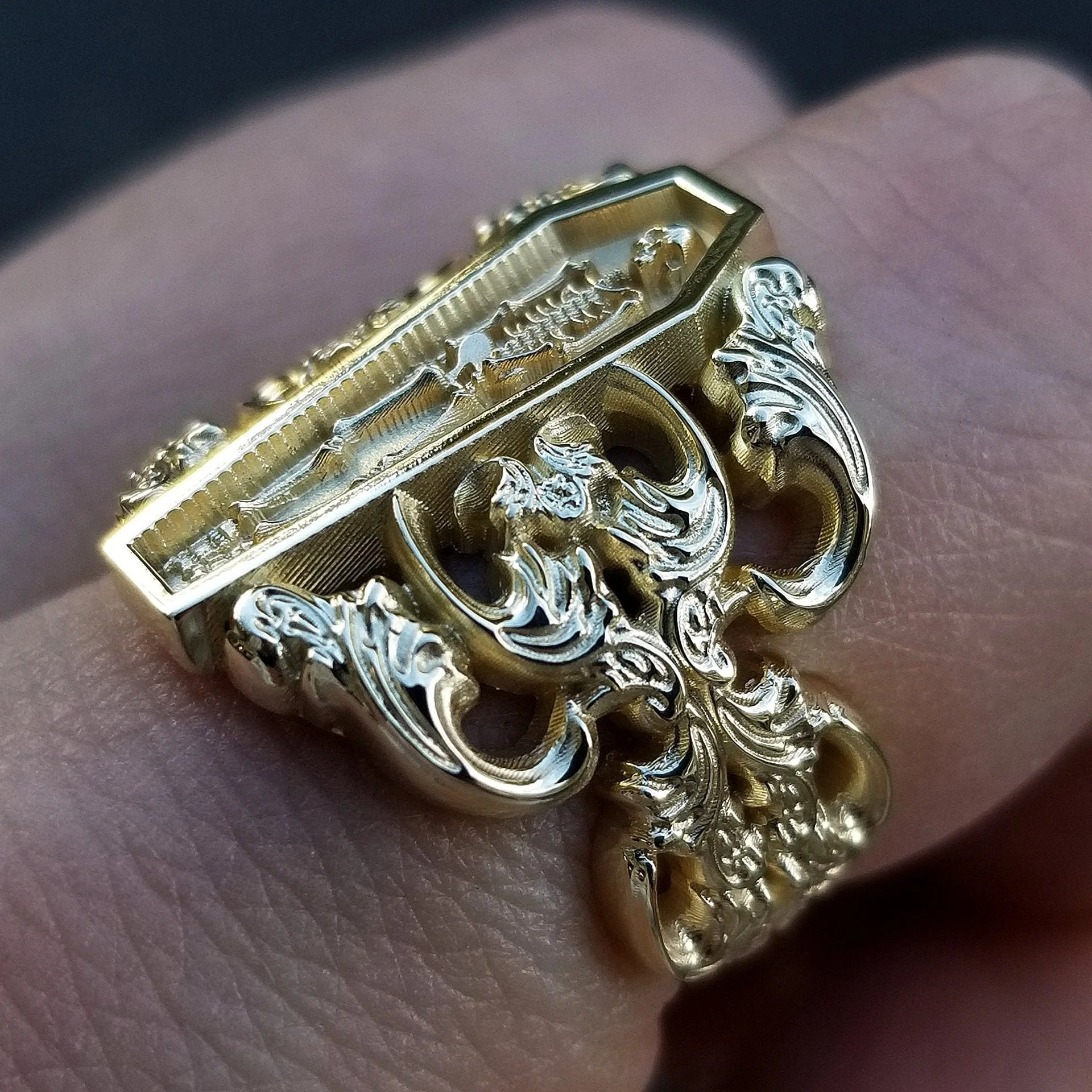 Memento Mori Ring with Baroque Gold Scrolls Skeleton Mourning Jewelry - Fine Gothic Jewelry - Image 4