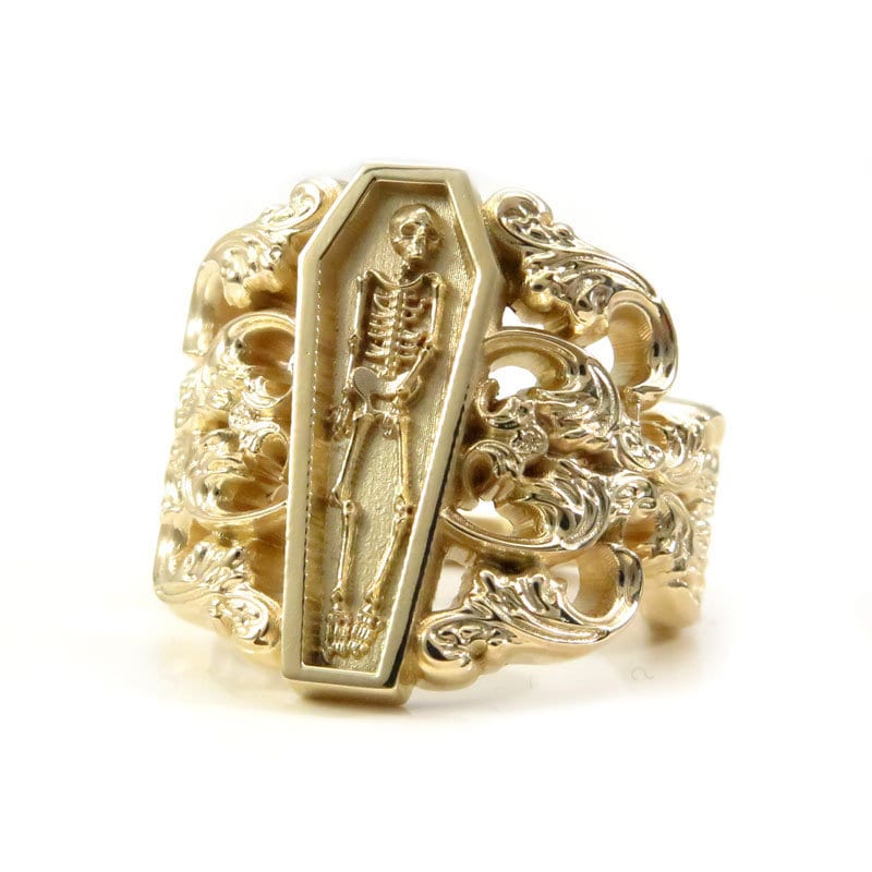 Memento Mori Ring with Baroque Gold Scrolls Skeleton Mourning Jewelry - Fine Gothic Jewelry - Image 5