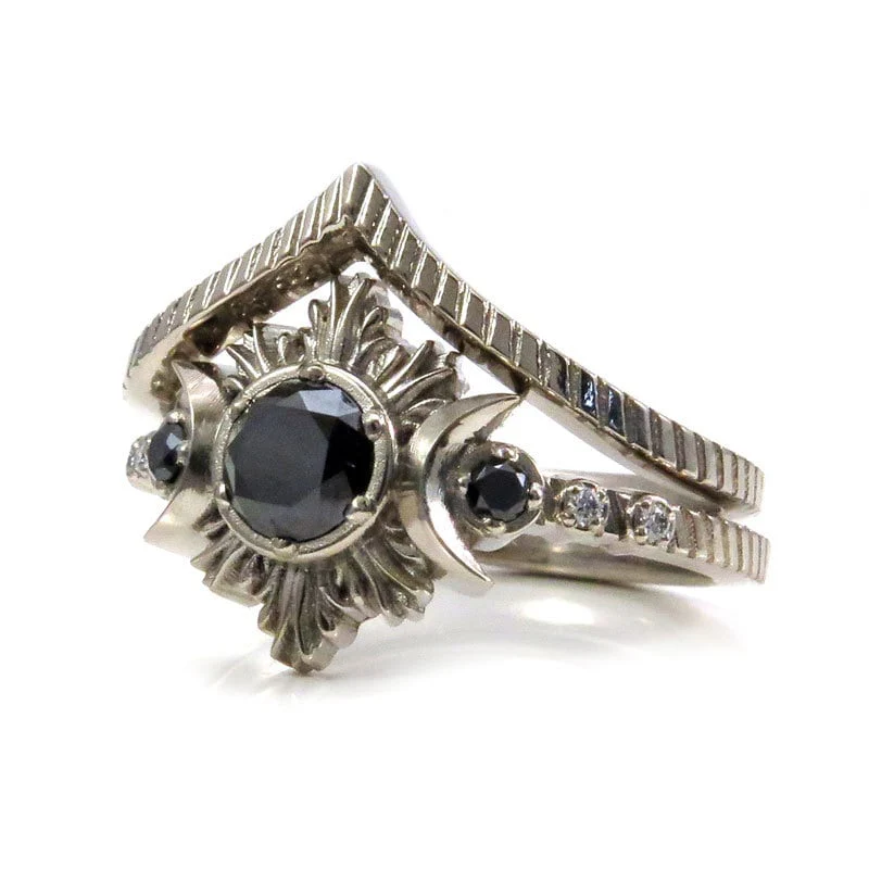 New Moon Gothic Black Diamond Engagement Ring Set - Black Diamonds with Chevron Wedding Band - Image 3