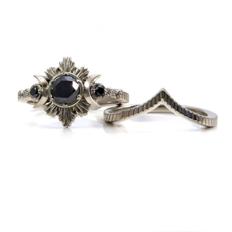 New Moon Gothic Black Diamond Engagement Ring Set - Black Diamonds with Chevron Wedding Band - Image 4