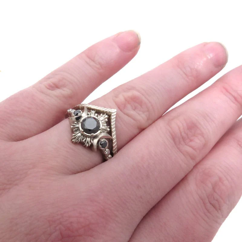 New Moon Gothic Black Diamond Engagement Ring Set - Black Diamonds with Chevron Wedding Band - Image 5