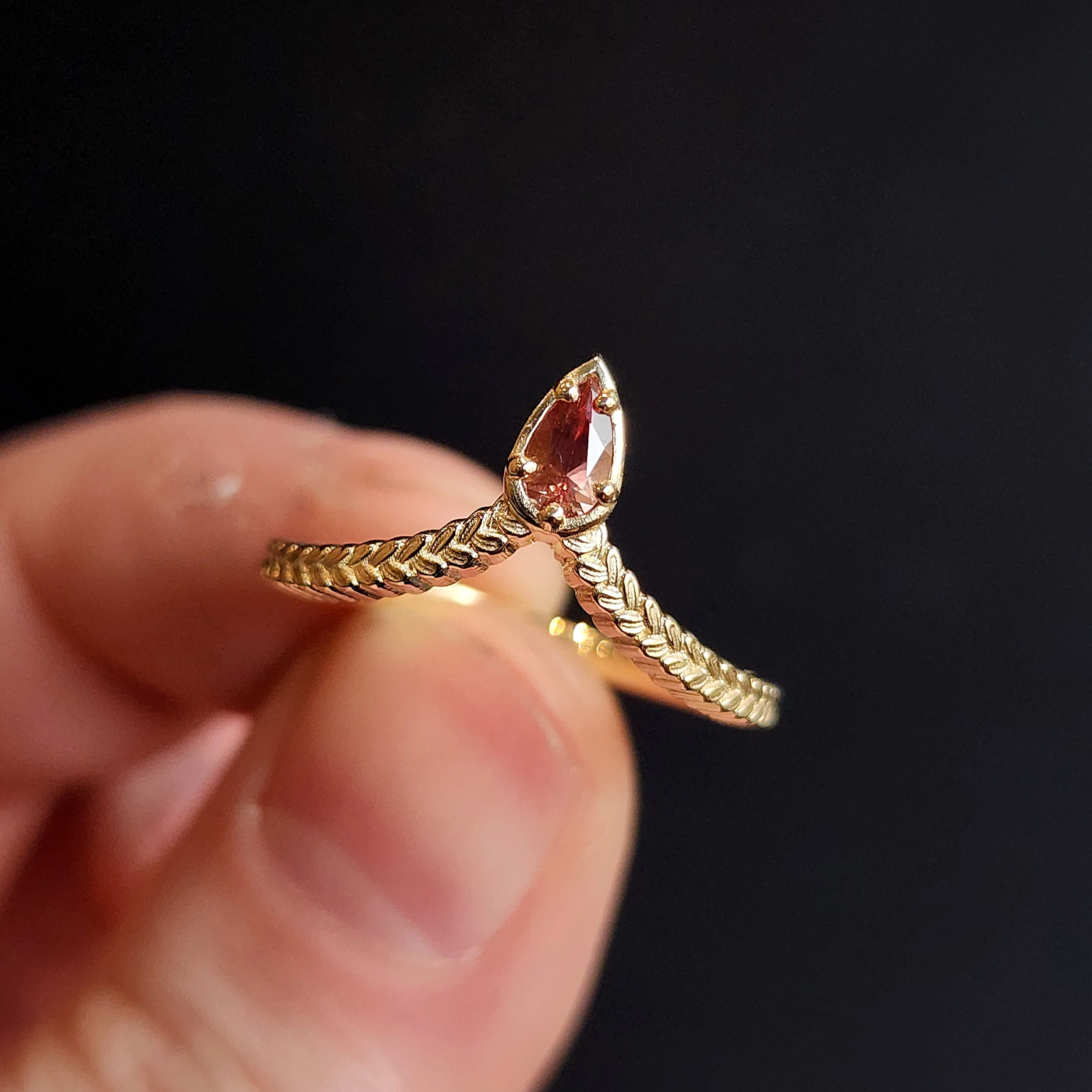 Oregon Sunstone Pear Leaf Chevron - 14k Gold Stacking Side Band - Image 5