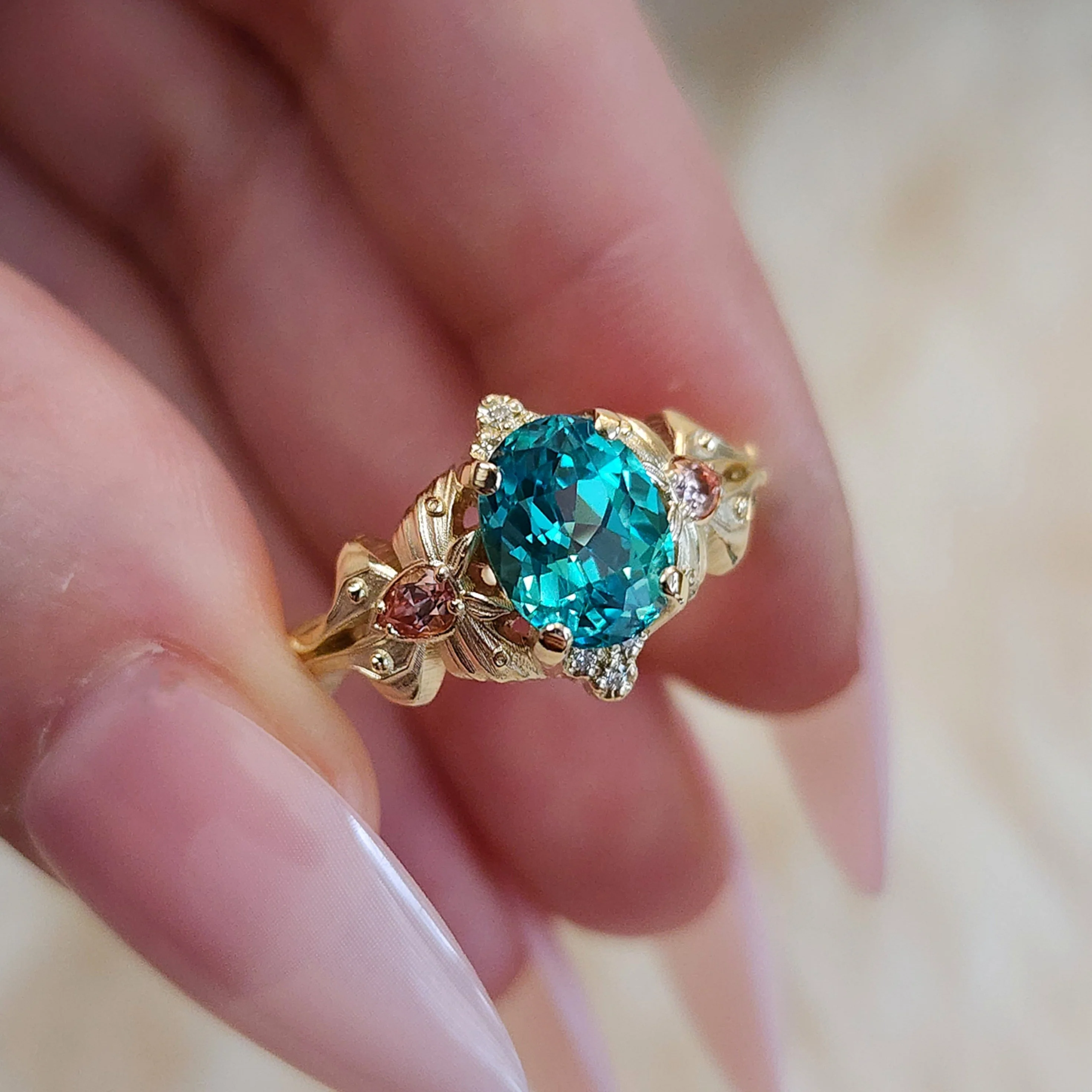 Pastel Goth Moth Engagement Ring with Luna Moth - Oval Chatham Chrysoberyl and Pink Champagne Sapphires - 14k Gold Unique Wedding Jewelry - Image 10