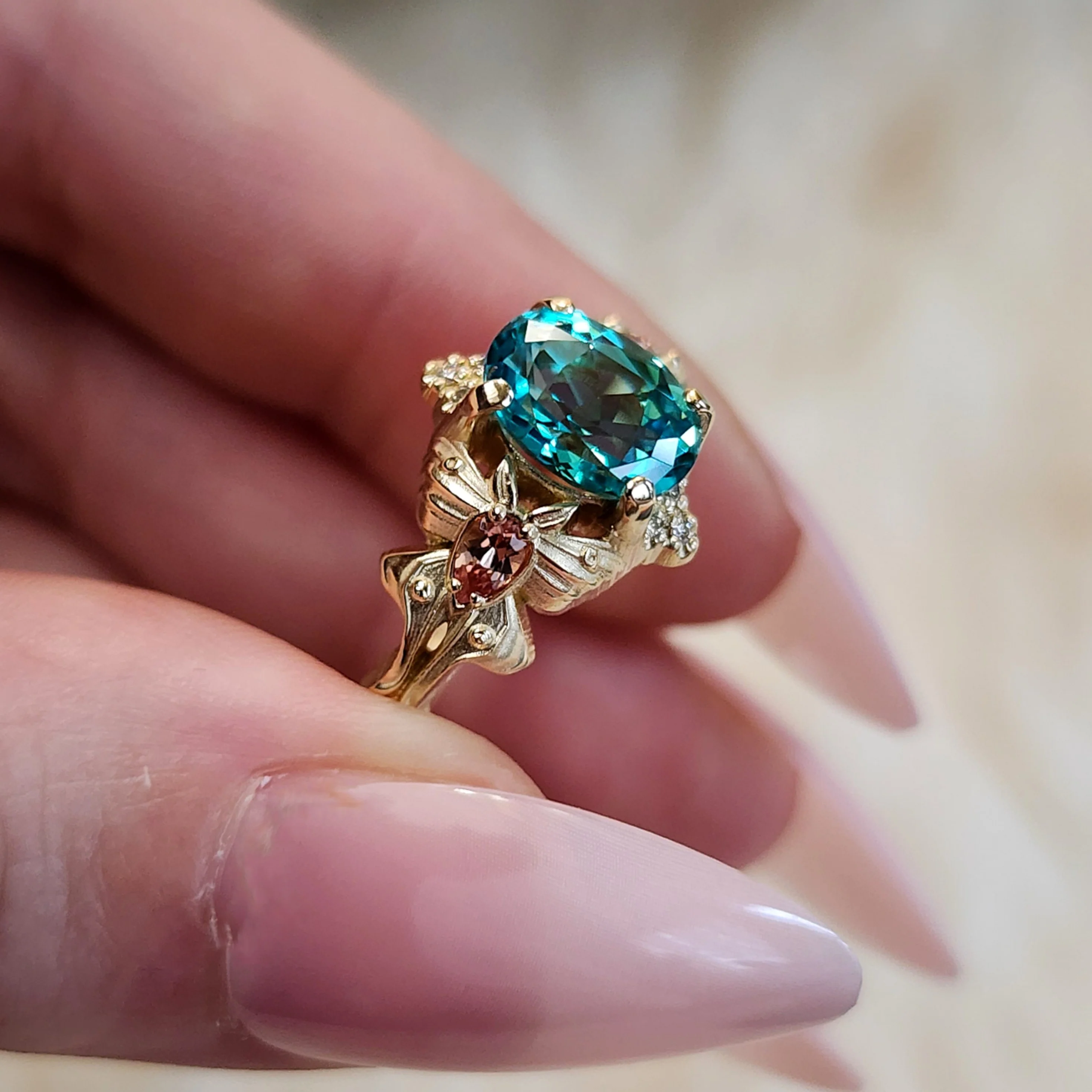 Pastel Goth Moth Engagement Ring with Luna Moth - Oval Chatham Chrysoberyl and Pink Champagne Sapphires - 14k Gold Unique Wedding Jewelry - Image 12