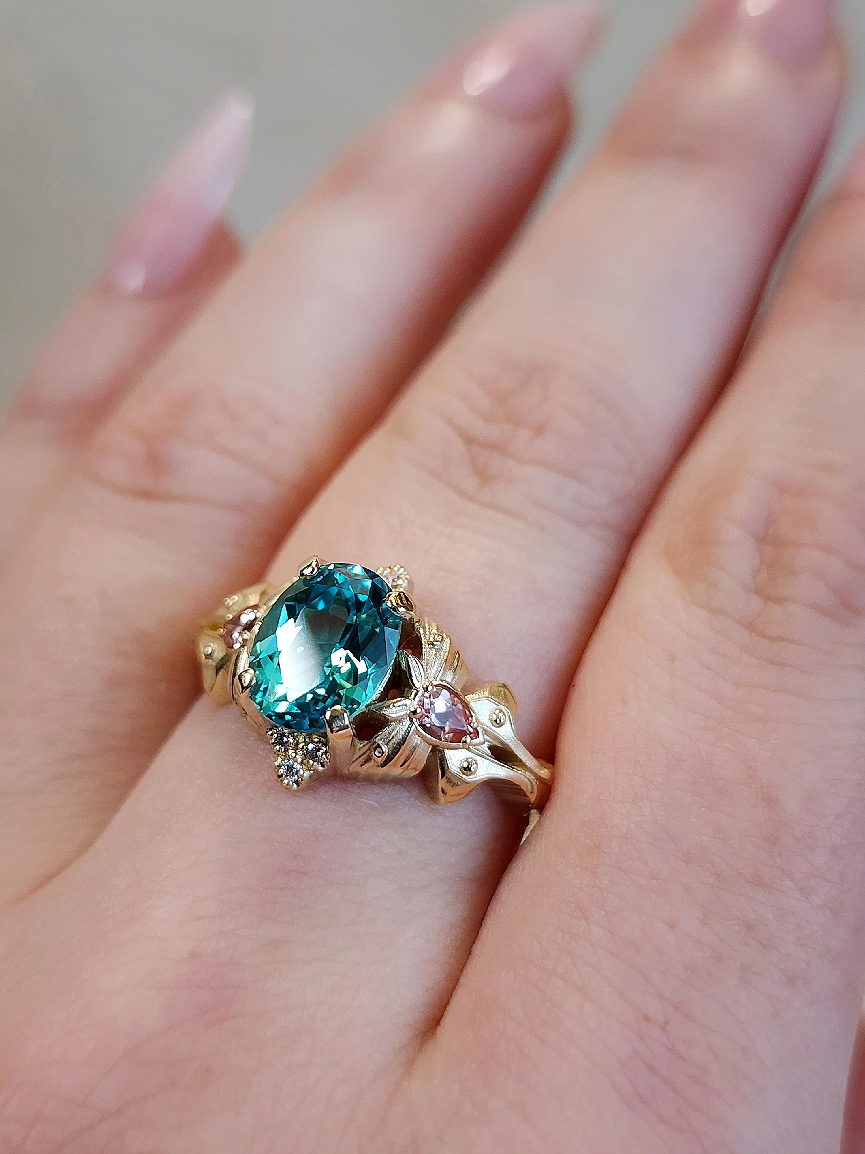 Pastel Goth Moth Engagement Ring with Luna Moth - Oval Chatham Chrysoberyl and Pink Champagne Sapphires - 14k Gold Unique Wedding Jewelry - Image 3