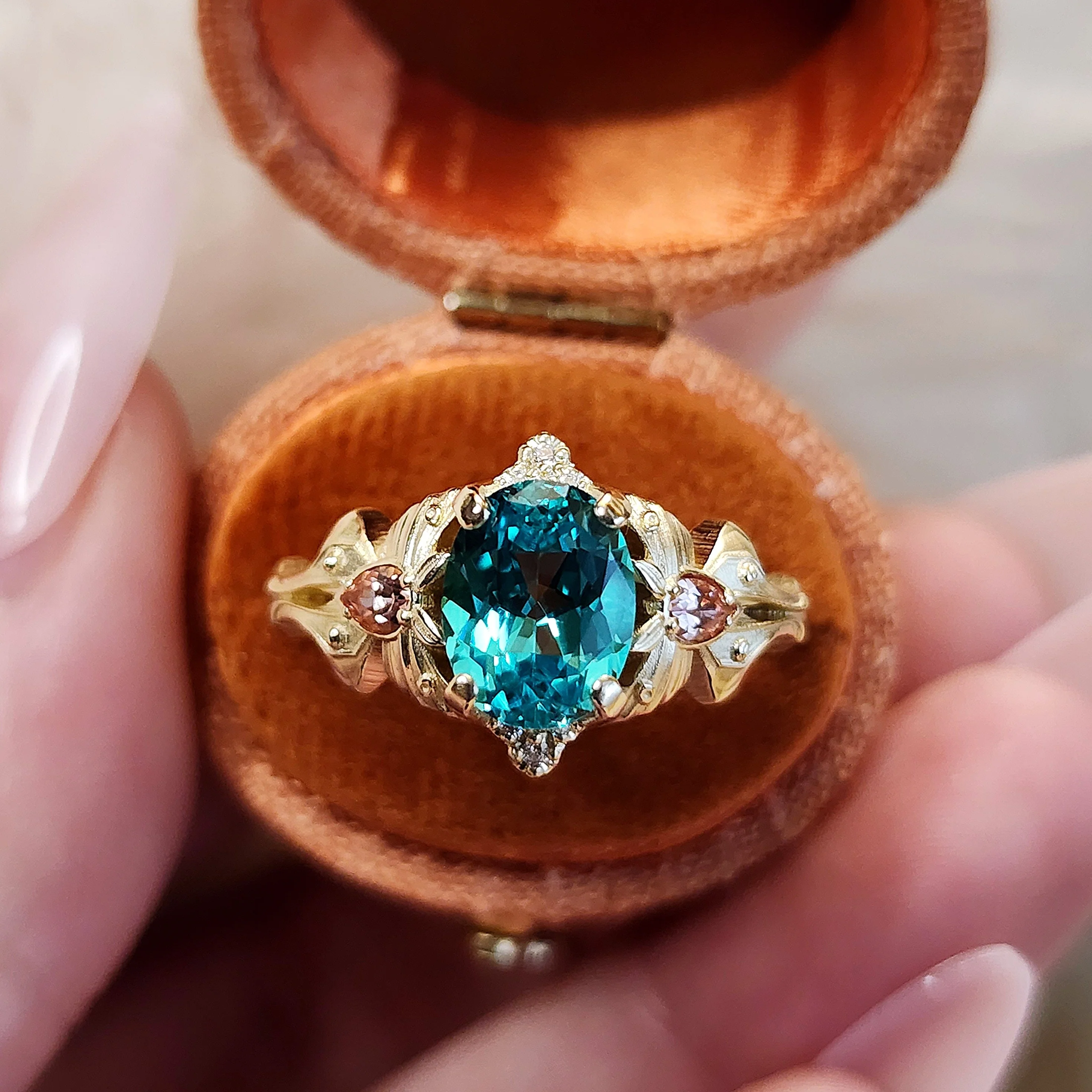 Pastel Goth Moth Engagement Ring with Luna Moth - Oval Chatham Chrysoberyl and Pink Champagne Sapphires - 14k Gold Unique Wedding Jewelry - Image 4