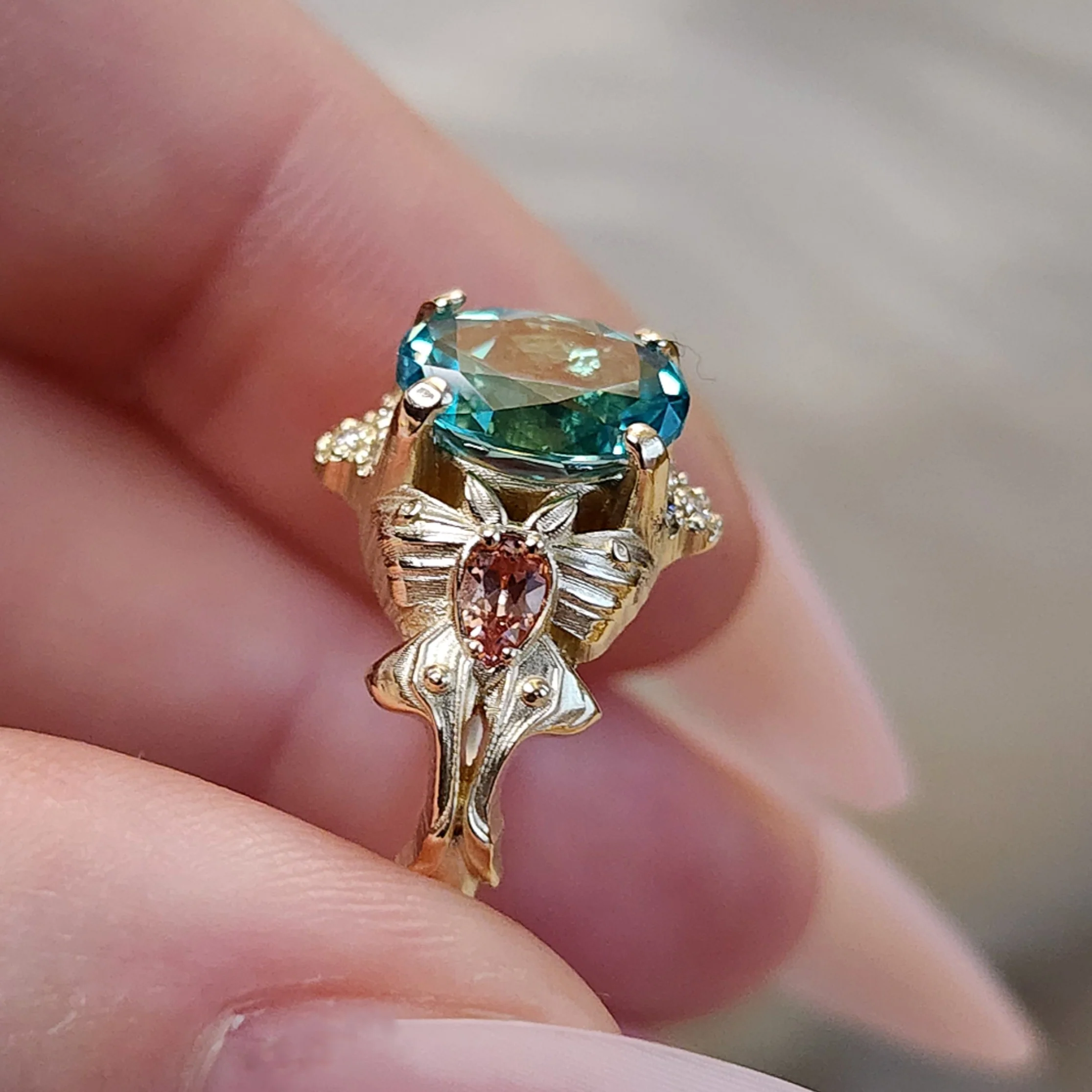 Pastel Goth Moth Engagement Ring with Luna Moth - Oval Chatham Chrysoberyl and Pink Champagne Sapphires - 14k Gold Unique Wedding Jewelry - Image 5