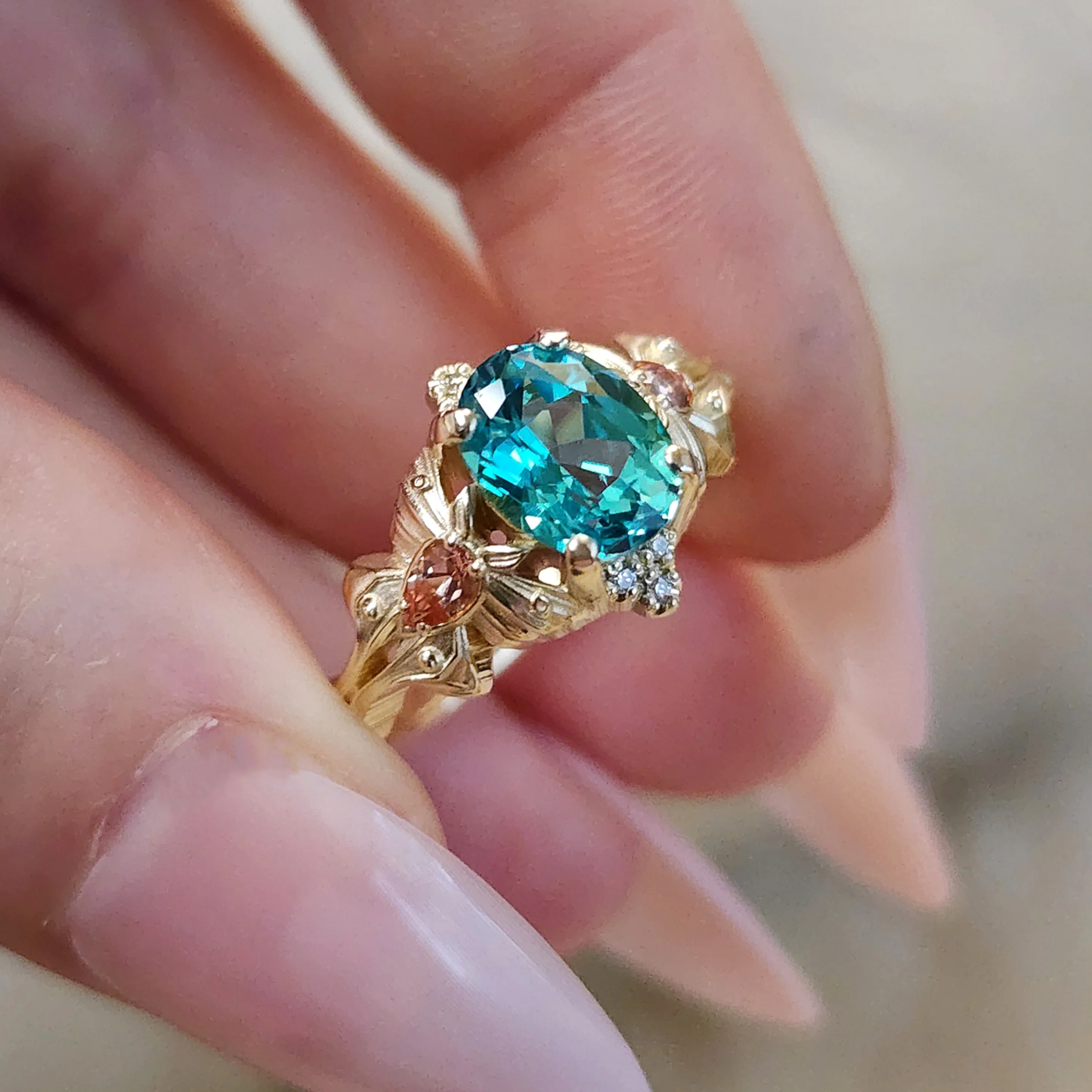 Pastel Goth Moth Engagement Ring with Luna Moth - Oval Chatham Chrysoberyl and Pink Champagne Sapphires - 14k Gold Unique Wedding Jewelry - Image 6