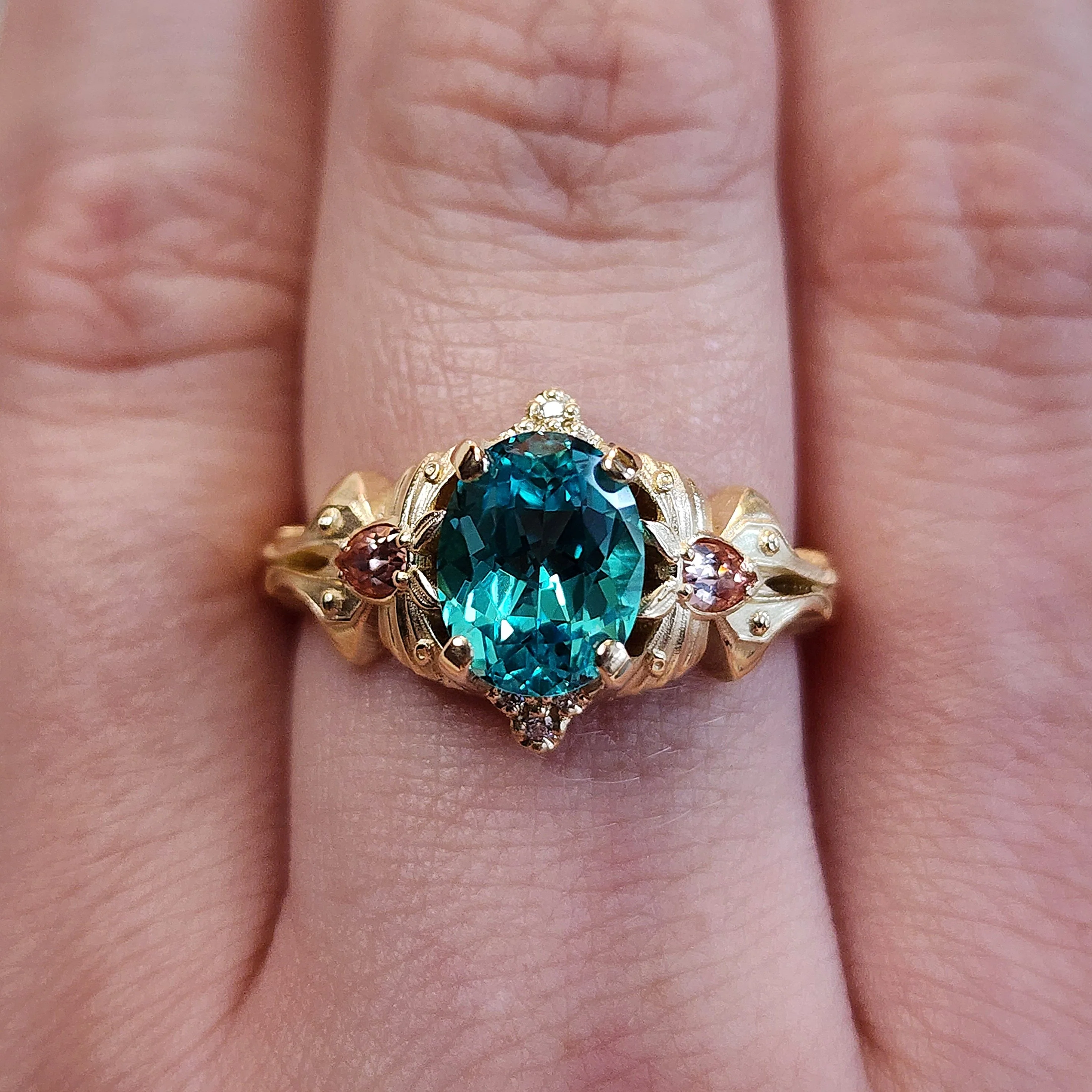 Pastel Goth Moth Engagement Ring with Luna Moth - Oval Chatham Chrysoberyl and Pink Champagne Sapphires - 14k Gold Unique Wedding Jewelry - Image 8