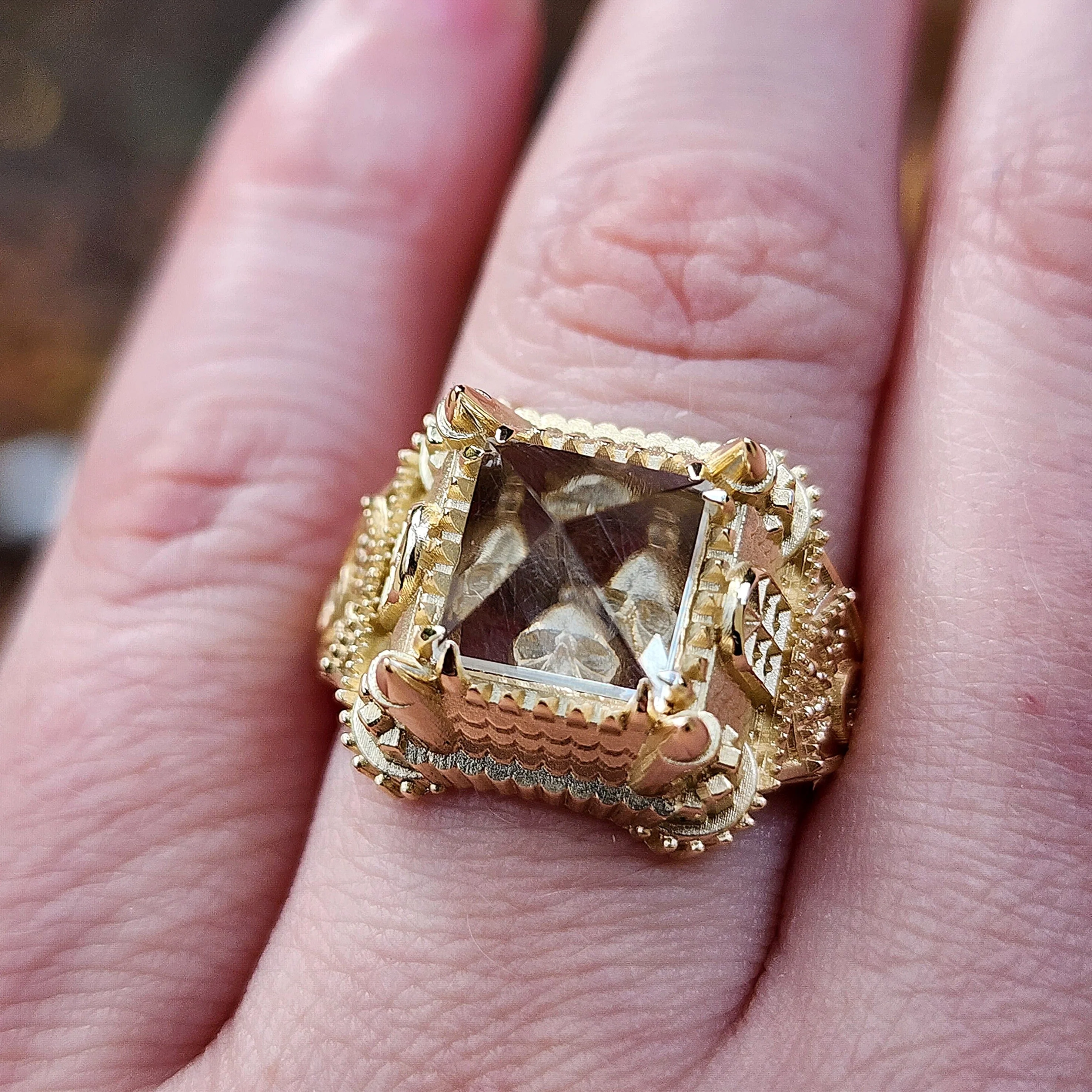 Ready to Ship Size 6-8 14k Gold Haunted Castle Tower Ring with Pyramid Quartz and Hidden Skull Gothic Cocktail Ring Spooky Halloween Jewelry - Image 3