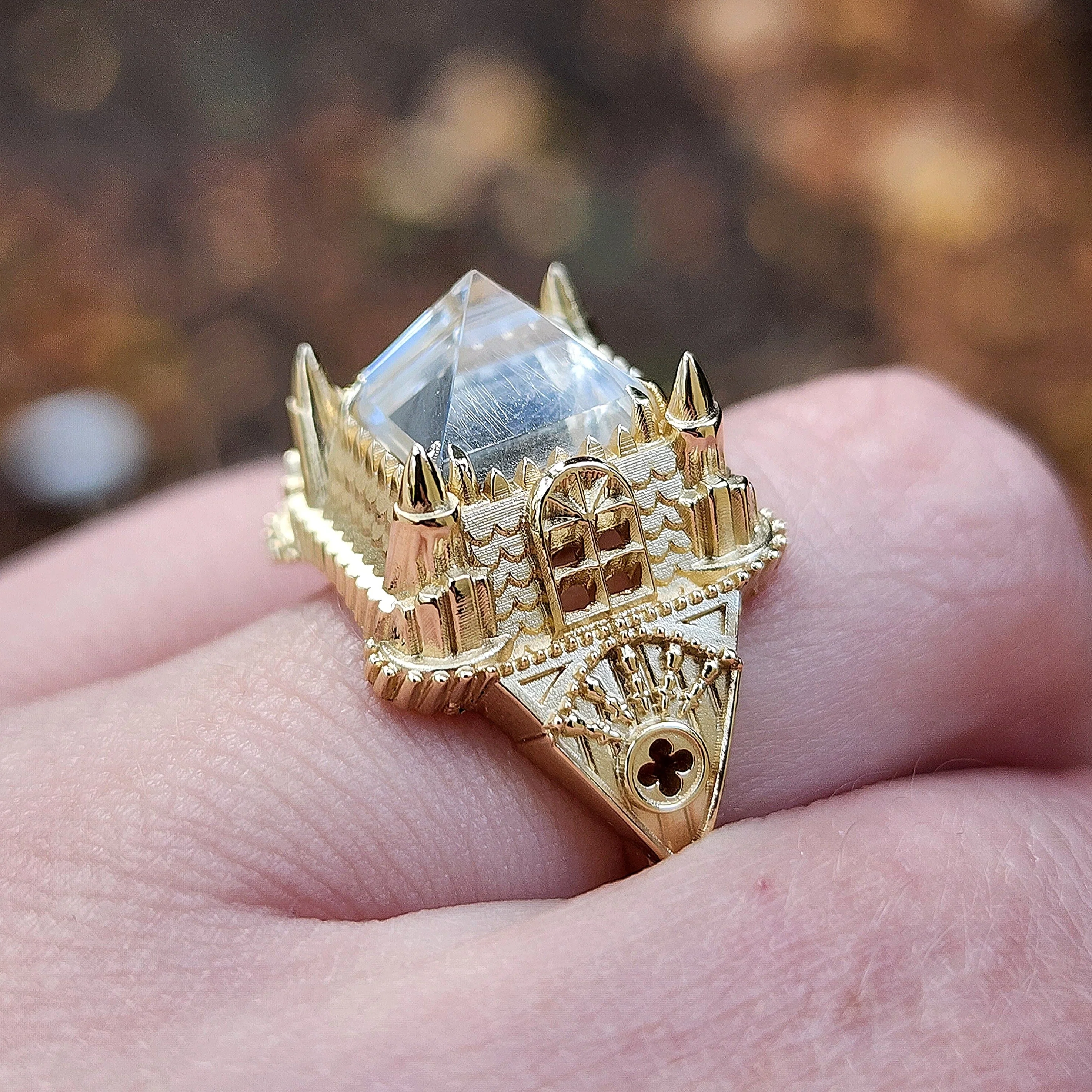 Ready to Ship Size 6-8 14k Gold Haunted Castle Tower Ring with Pyramid Quartz and Hidden Skull Gothic Cocktail Ring Spooky Halloween Jewelry - Image 4
