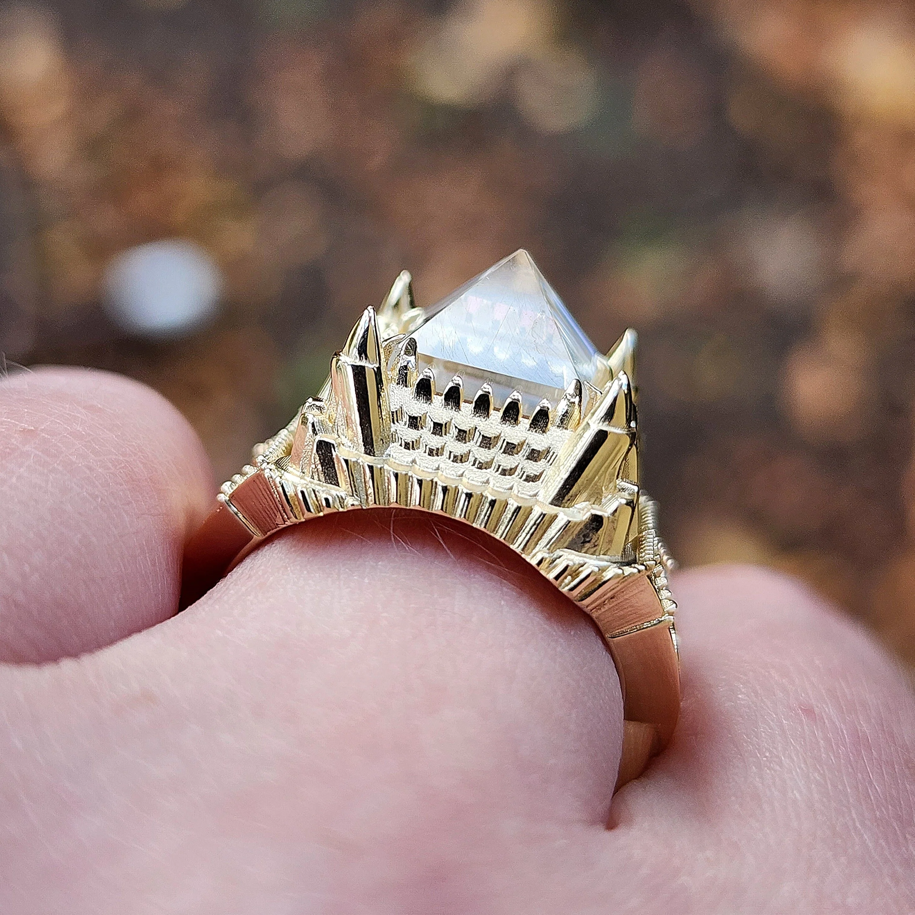 Ready to Ship Size 6-8 14k Gold Haunted Castle Tower Ring with Pyramid Quartz and Hidden Skull Gothic Cocktail Ring Spooky Halloween Jewelry - Image 6
