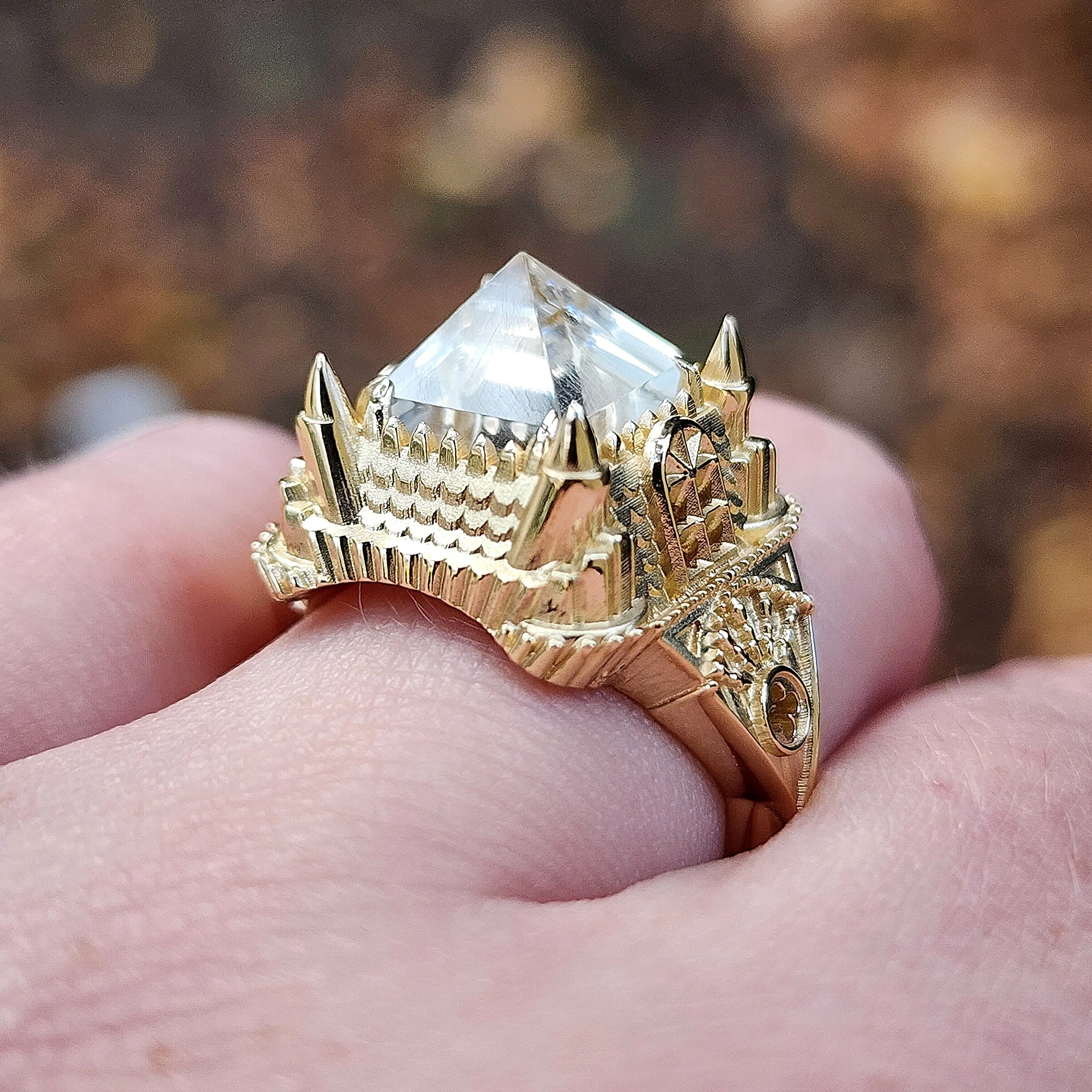 Ready to Ship Size 6-8 14k Gold Haunted Castle Tower Ring with Pyramid Quartz and Hidden Skull Gothic Cocktail Ring Spooky Halloween Jewelry - Image 7