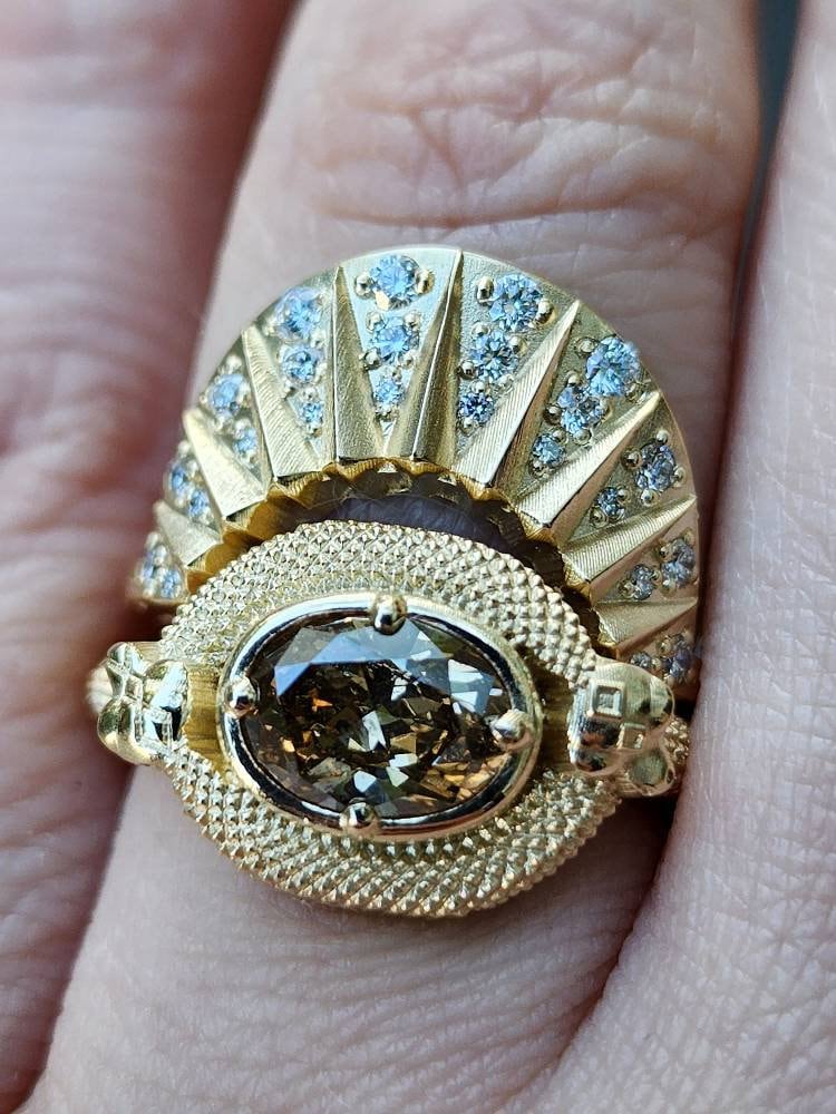 Ready to Ship Size 6 - 8 - Double Trouble Snake Engagement Ring with Natural Oval Champage Diamond - 14k Yellow Gold - Diamond Sunrise Band - Image 10