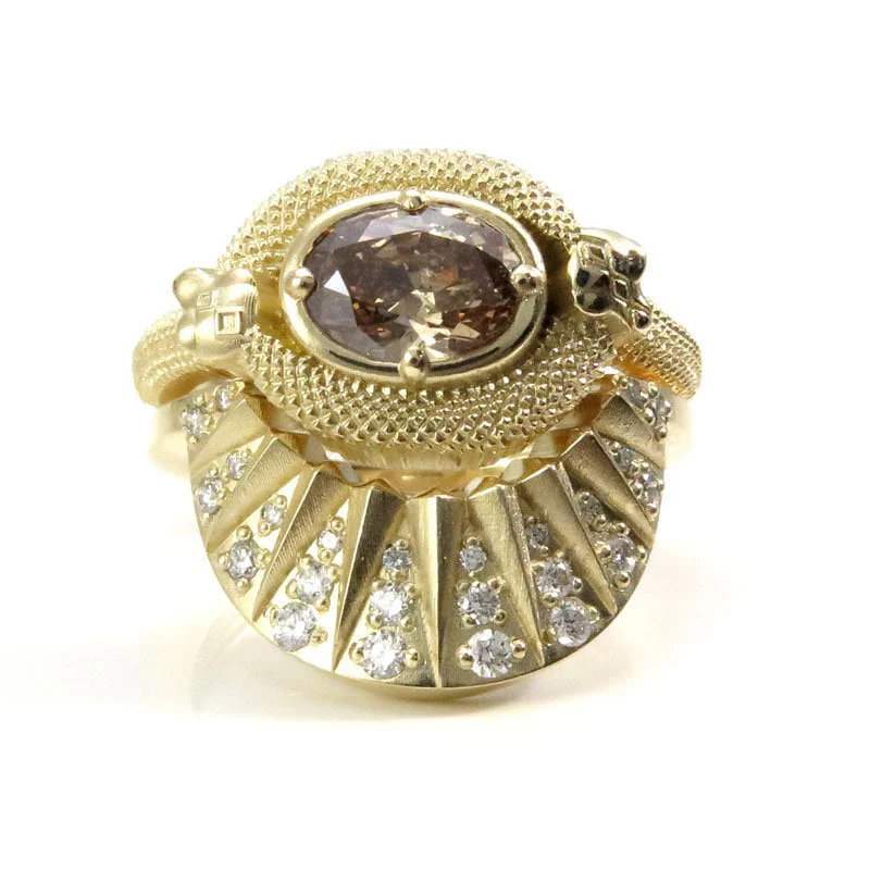 Ready to Ship Size 6 - 8 - Double Trouble Snake Engagement Ring with Natural Oval Champage Diamond - 14k Yellow Gold - Diamond Sunrise Band - Image 3