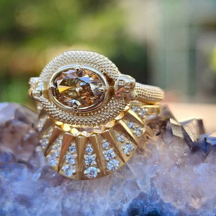 Ready to Ship Size 6 - 8 - Double Trouble Snake Engagement Ring with Natural Oval Champage Diamond - 14k Yellow Gold - Diamond Sunrise Band - Image 4