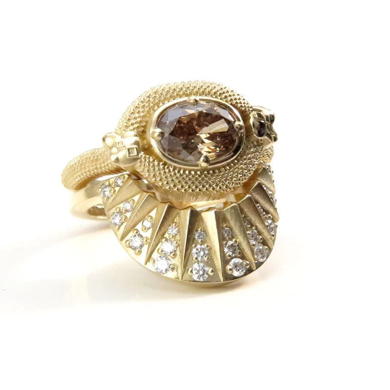 Ready to Ship Size 6 - 8 - Double Trouble Snake Engagement Ring with Natural Oval Champage Diamond - 14k Yellow Gold - Diamond Sunrise Band - Image 5