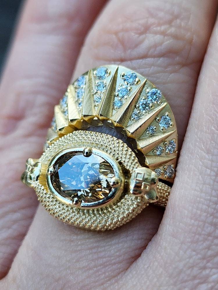 Ready to Ship Size 6 - 8 - Double Trouble Snake Engagement Ring with Natural Oval Champage Diamond - 14k Yellow Gold - Diamond Sunrise Band - Image 6